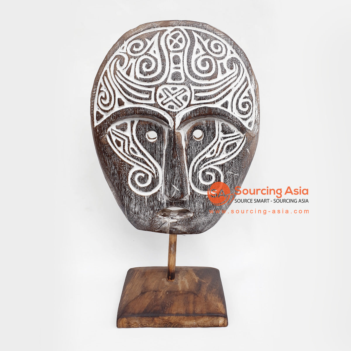 DGPC001-3 NATURAL AND WHITE WOODEN TRIBAL CARVED MASK ON STAND DECORATION