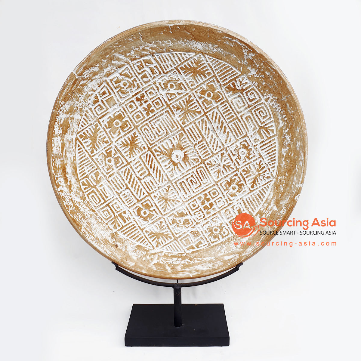 DGPC005-2 WOODEN TRIBAL CARVED ROUND ON STAND DECORATION