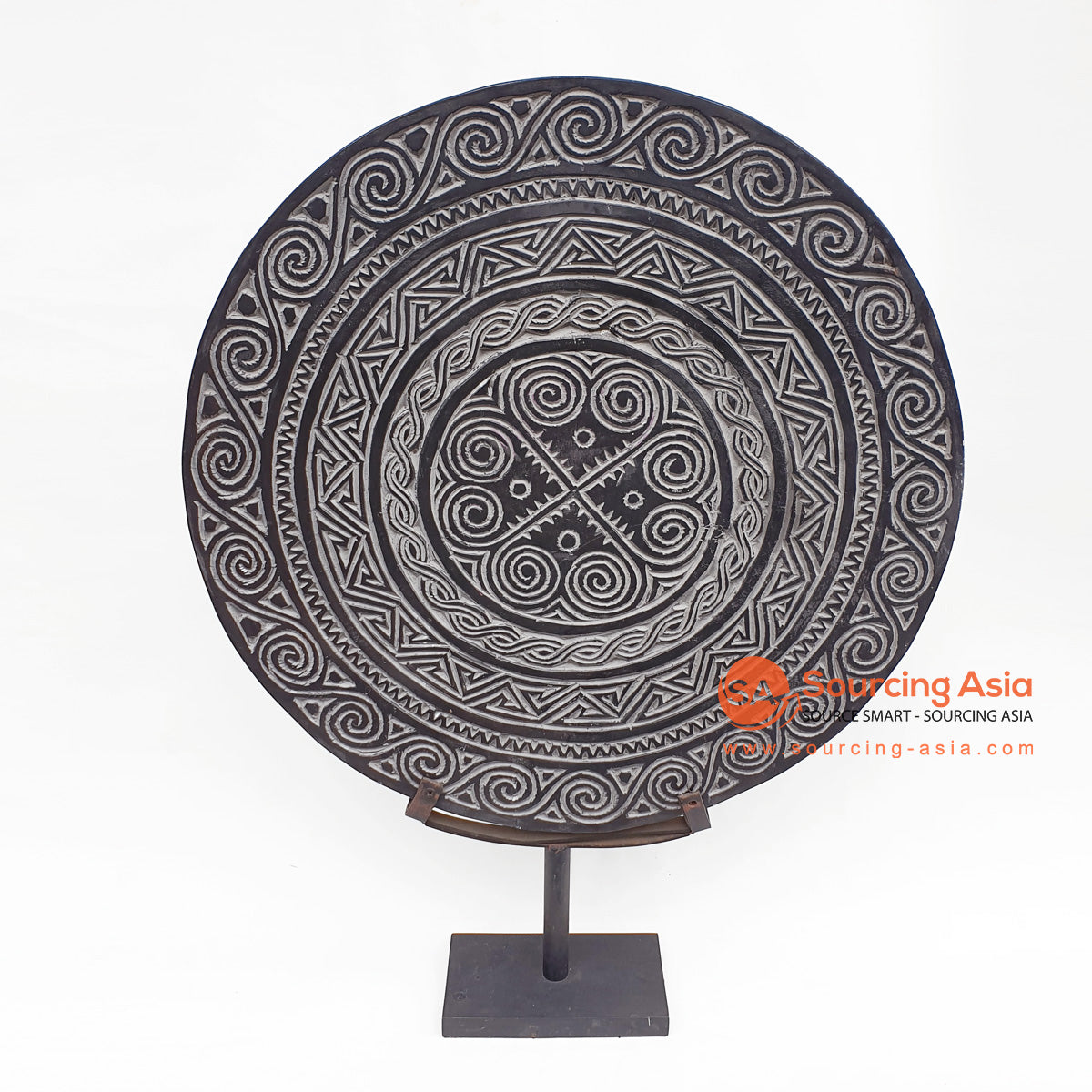 DGPC005-4 WOODEN TRIBAL CARVED ROUND ON STAND DECORATION