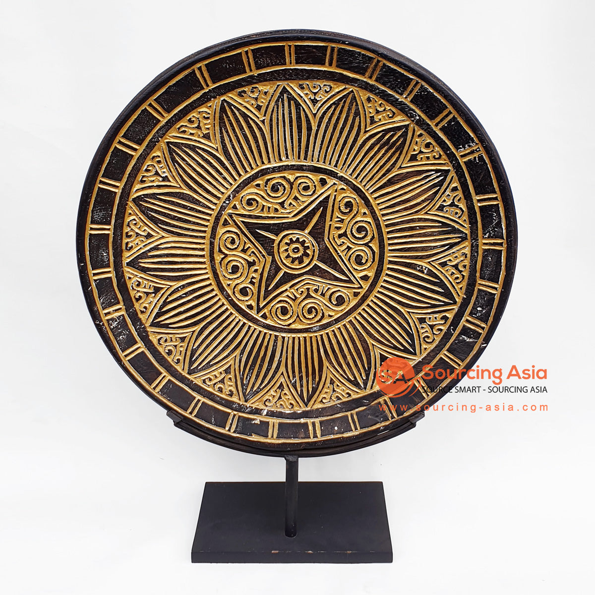 DGPC005-5 ANTIQUE DARK BROWN SUAR WOOD TRIBAL CARVED ROUND ON STAND DECORATION