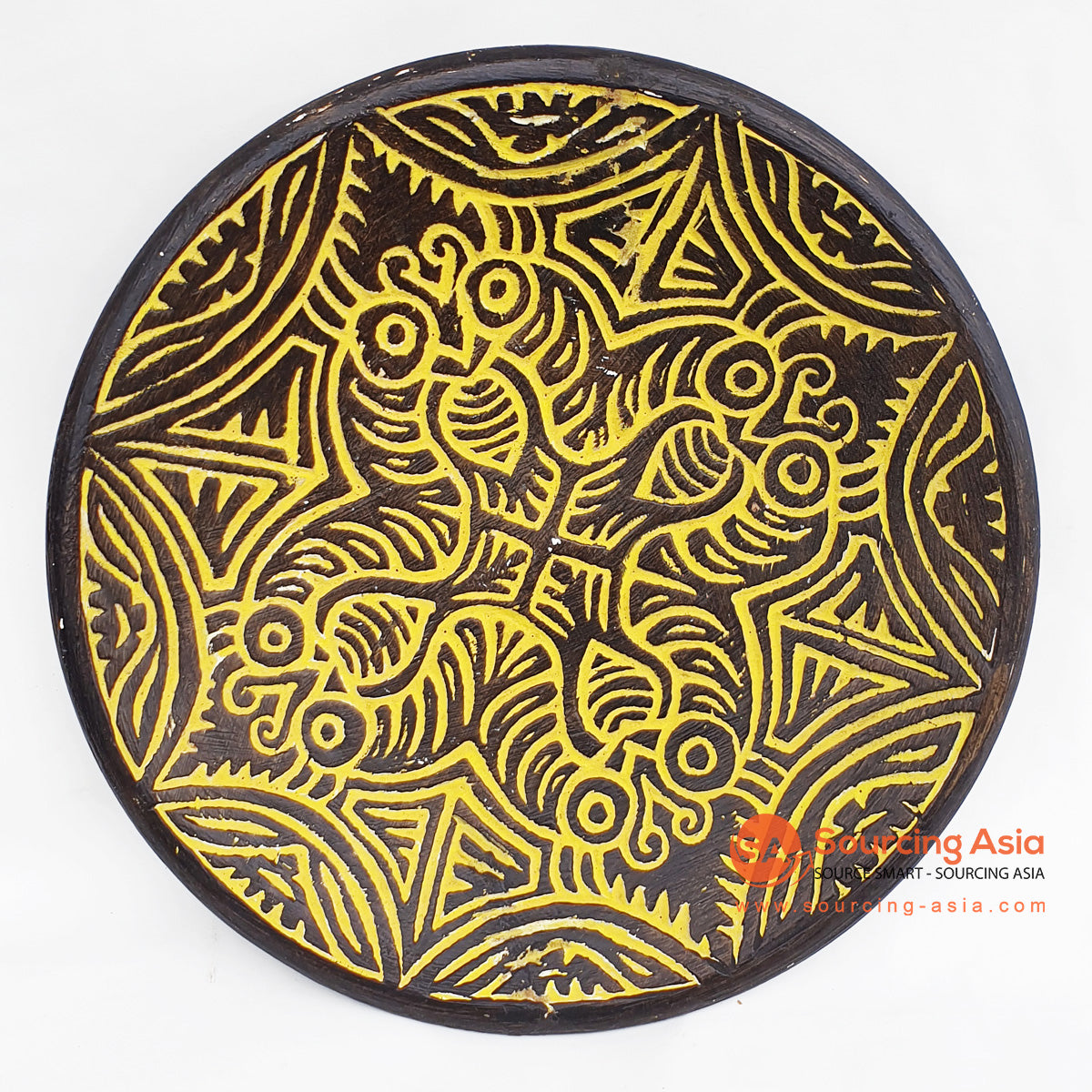 DGPC006-2 DARK BROWN AND YELLOW SUAR WOOD TRIBAL CARVED ROUND PLATE WALL DECORATION