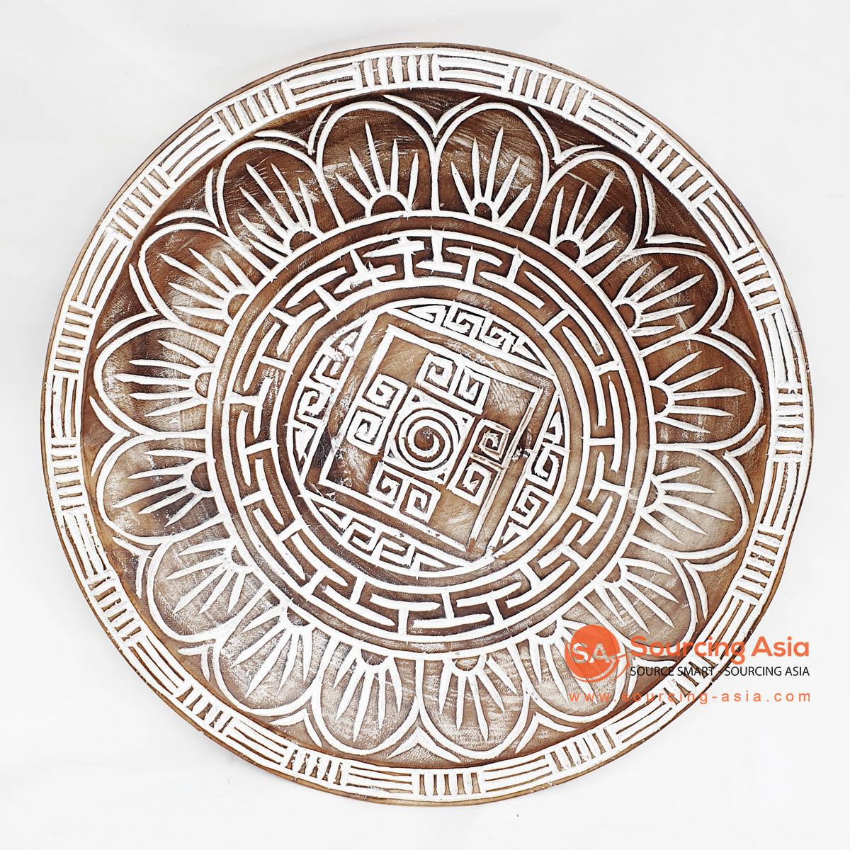 DGPC006-3 BROWN WASH SUAR WOOD TRIBAL CARVED ROUND PLATE WALL DECORATION