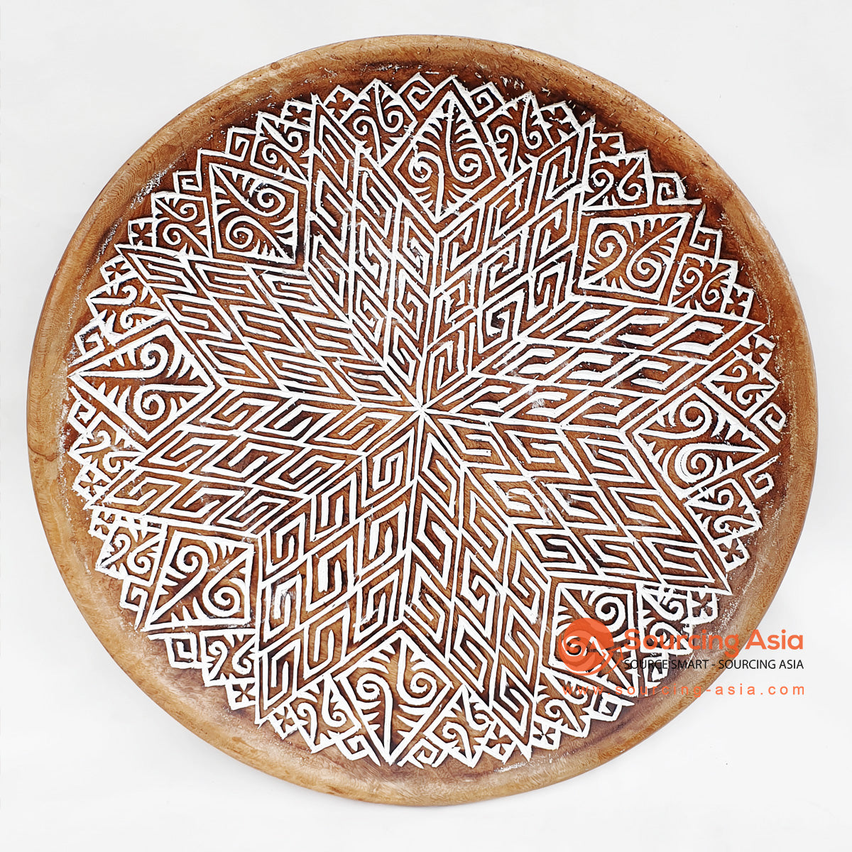 DGPC006-5 BROWN WASH SUAR WOOD TRIBAL CARVED ROUND PLATE WALL DECORATION