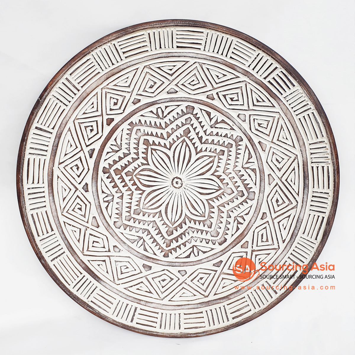 DGPC006-8 BROWN WASH SUAR WOOD TRIBAL CARVED ROUND PLATE WALL DECORATION