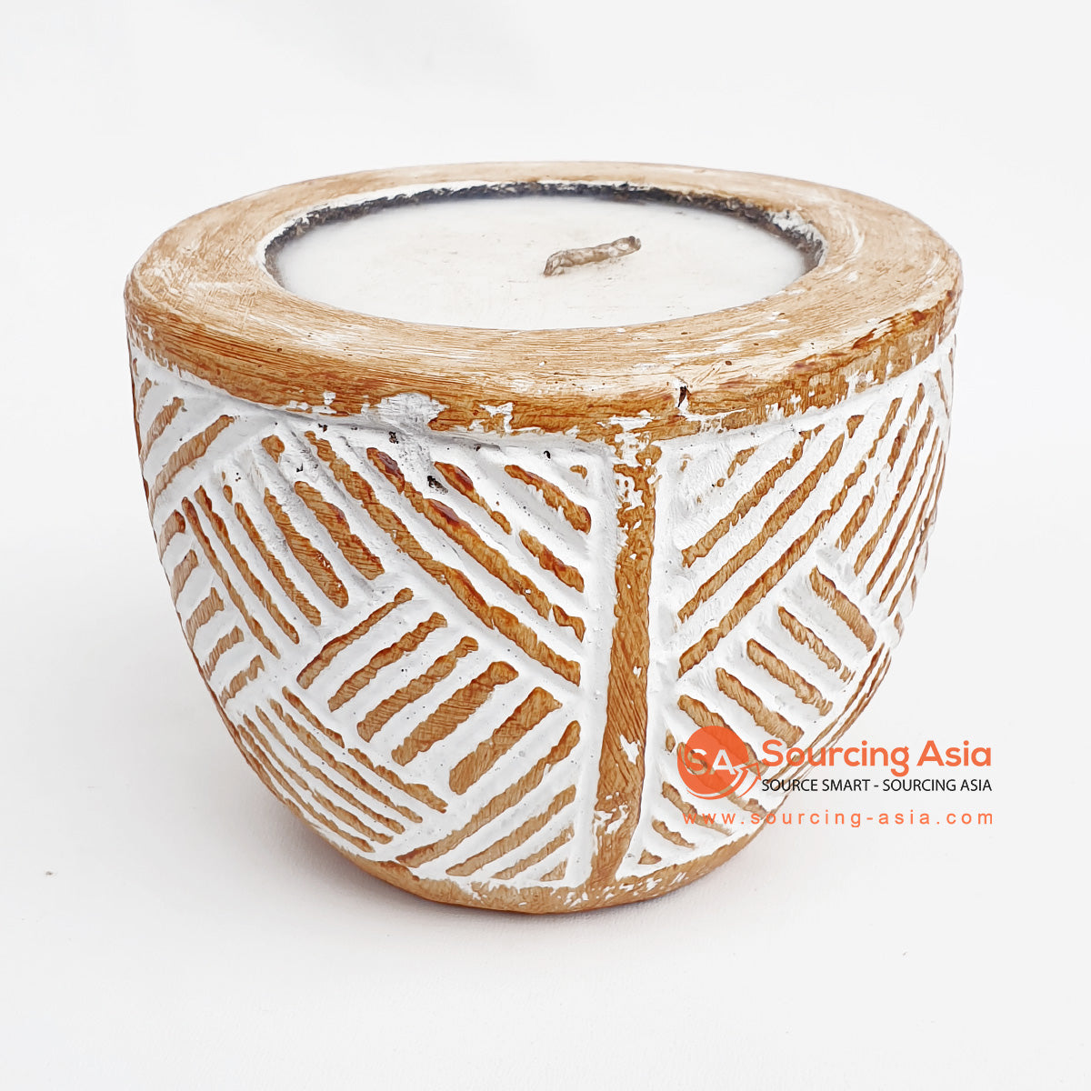 DGPC007-2 WHITE WASH SUAR WOOD TRIBAL CARVED CANDLE HOLDER WITH CANDLE