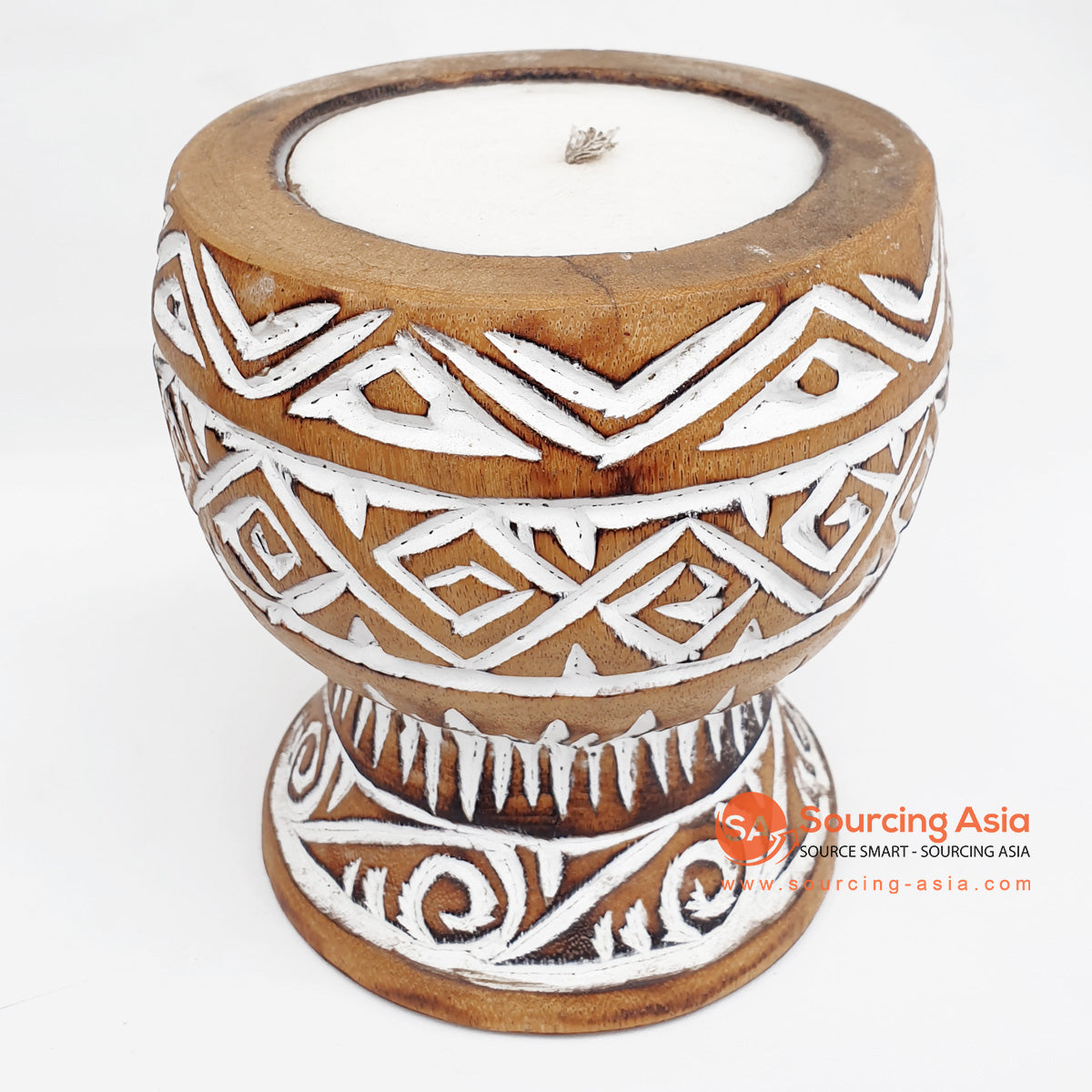 DGPC008-2 BROWN WASH SUAR WOOD TRIBAL CARVED CANDLE HOLDER WITH CANDLE