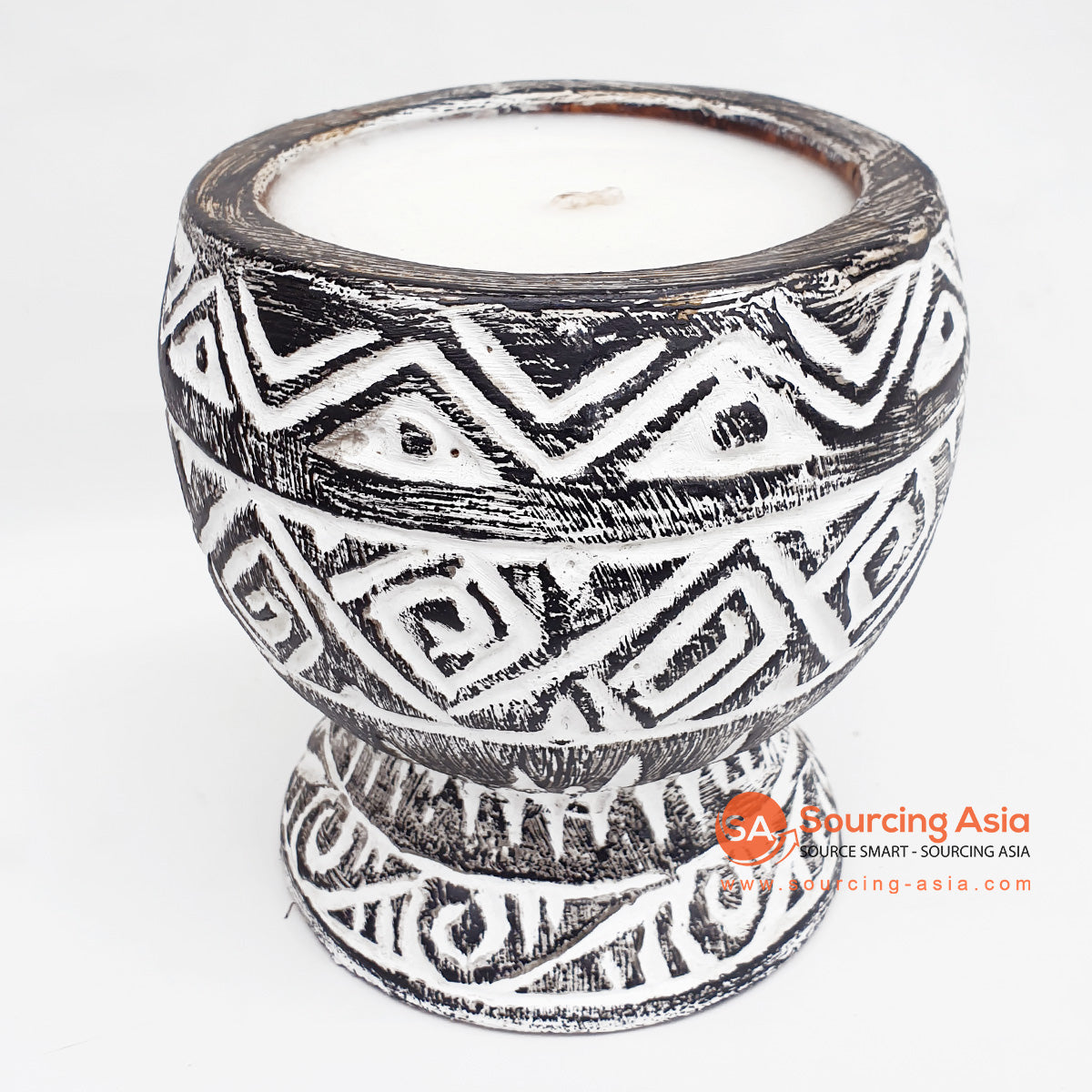 DGPC008 BLACK WASH SUAR WOOD TRIBAL CARVED CANDLE HOLDER WITH CANDLE