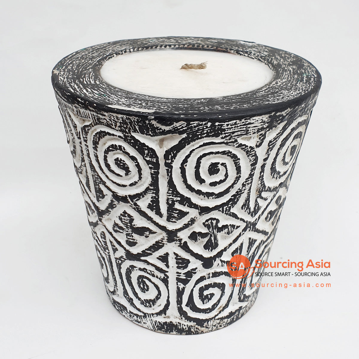 DGPC009-1 BLACK WASH SUAR WOOD TRIBAL CARVED CANDLE HOLDER WITH CANDLE