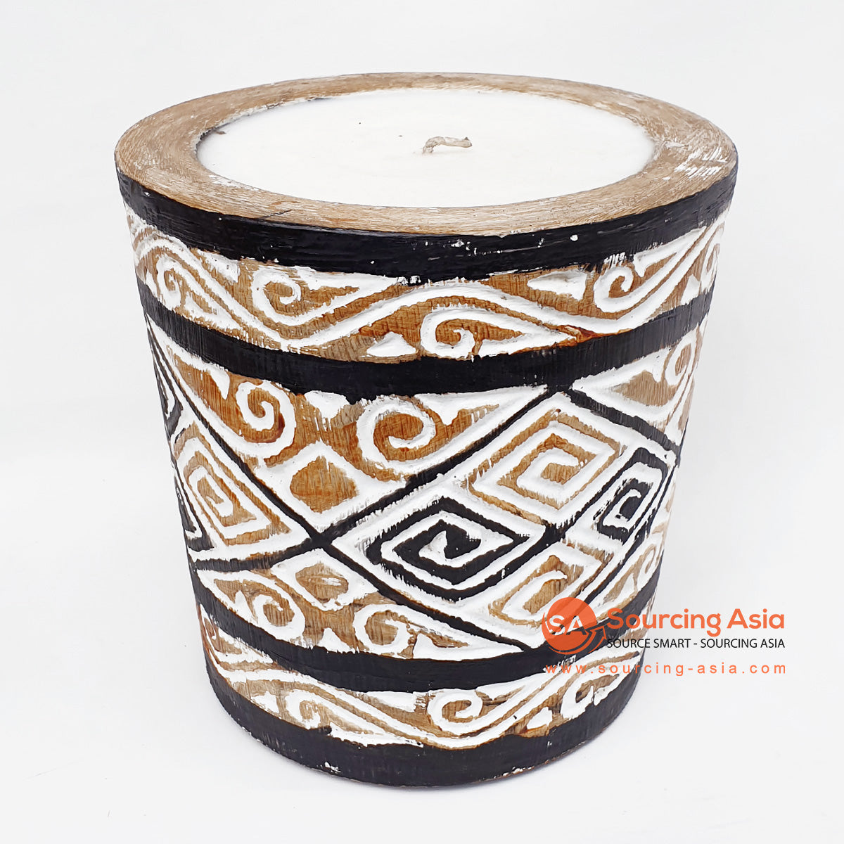 DGPC009-3 NATURAL AND BLACK SUAR WOOD TRIBAL CARVED CANDLE HOLDER WITH CANDLE