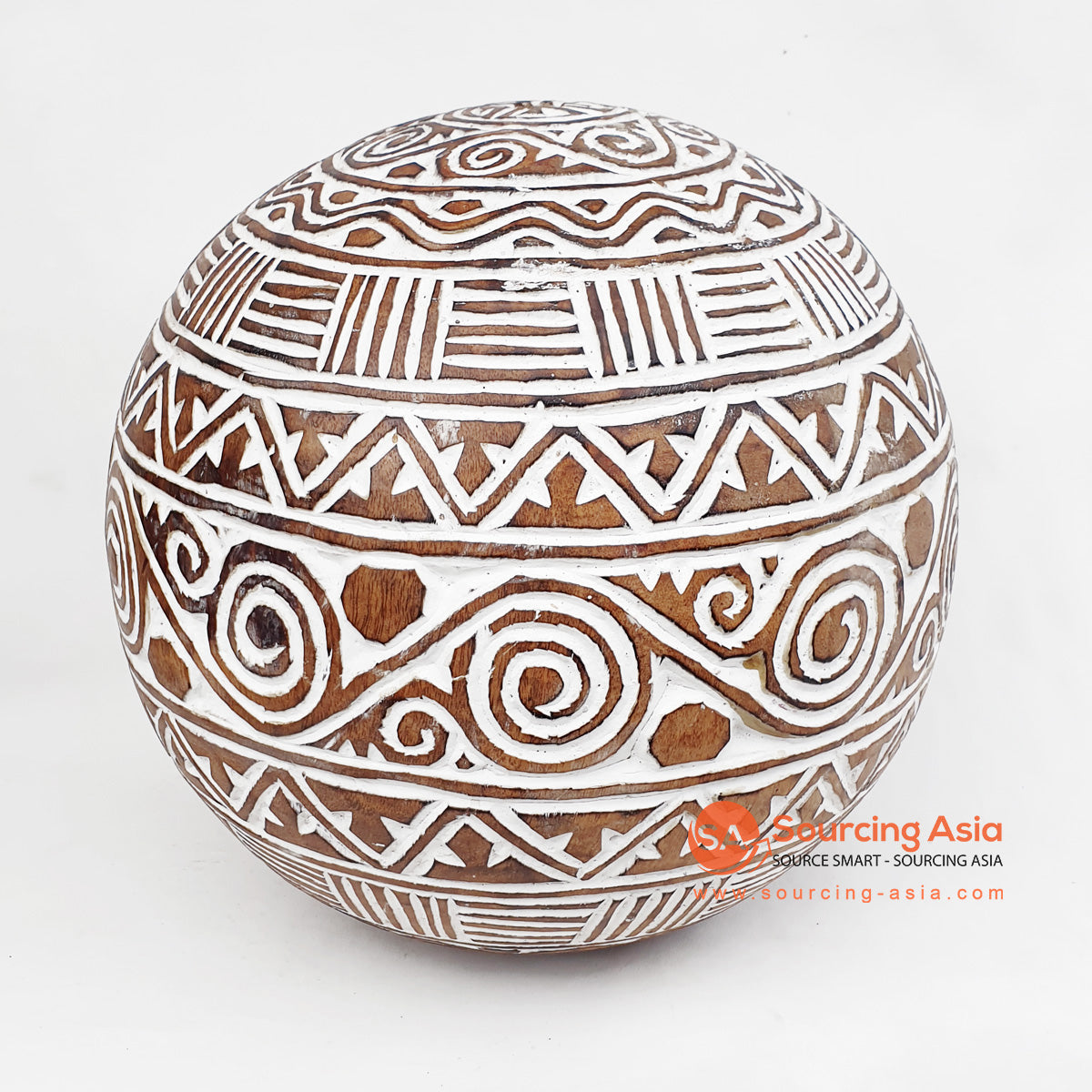 DGPC024 BROWN SUAR WOOD TRIBAL CARVED BALL DECORATION