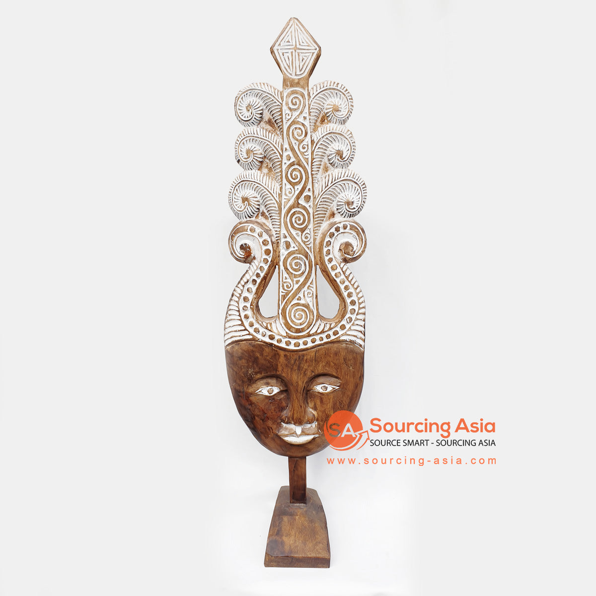 DGPC026 NATURAL AND WHITE WOODEN TRIBAL CARVED MASK ON STAND DECORATION