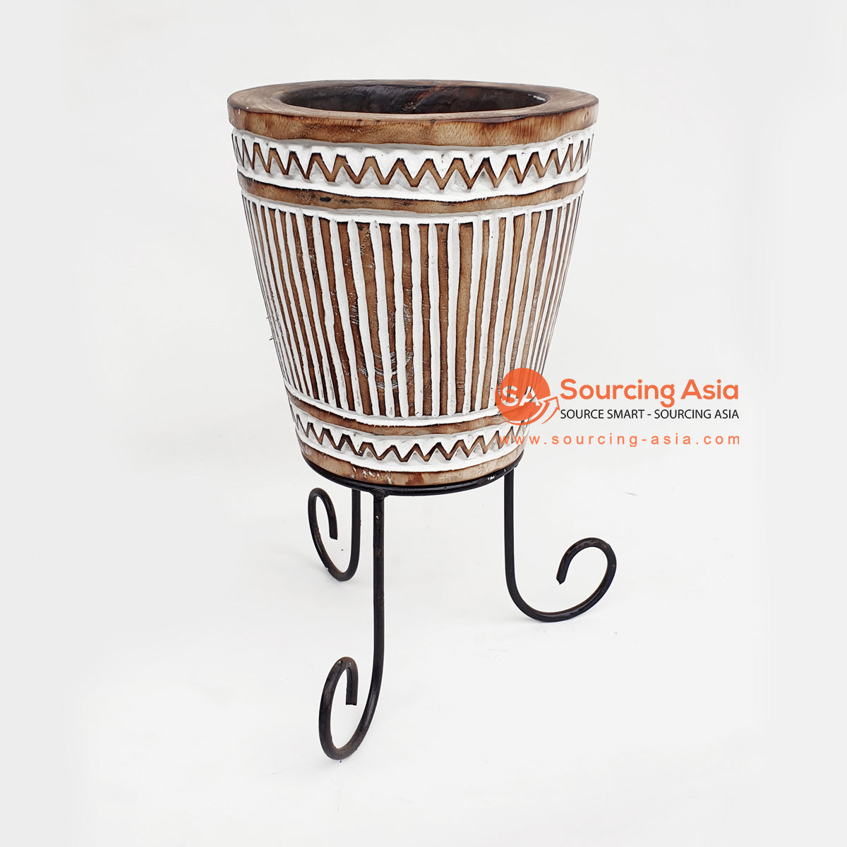 DGPC035-1 BROWN WASH SUAR WOOD TRIBAL CARVED POT WITH METAL STAND