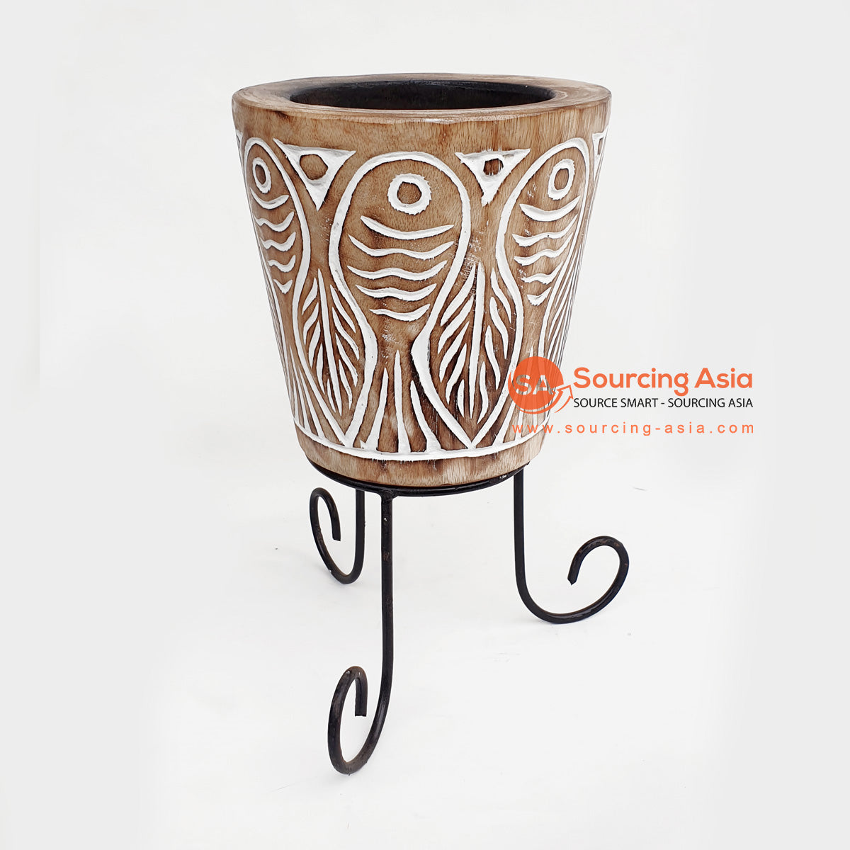 DGPC035 BROWN WASH SUAR WOOD TRIBAL CARVED POT WITH METAL STAND