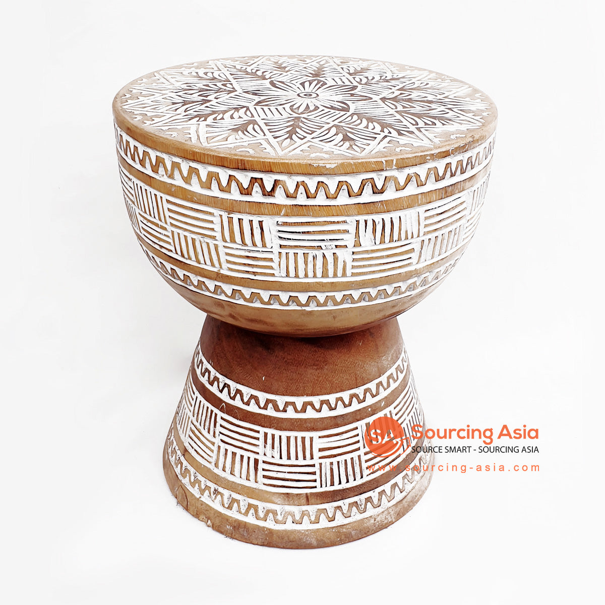 DGPC039 WHITE WASH SUAR WOOD TRIBAL CARVED SIDE TABLE