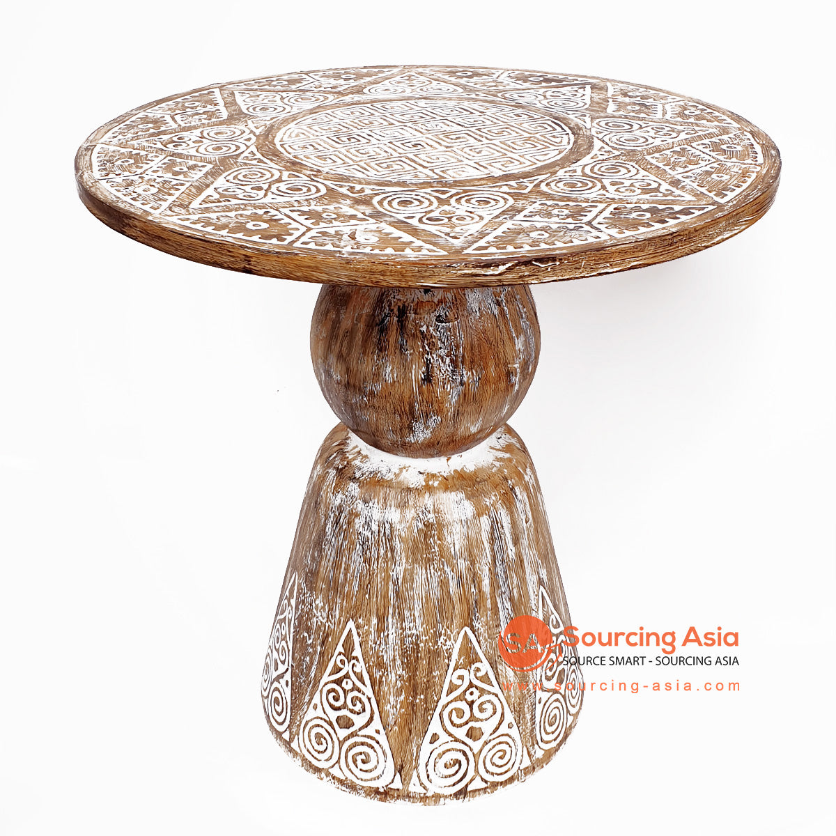DGPC041 BROWN WASH SUAR WOOD TRIBAL CARVED ROUND TABLE