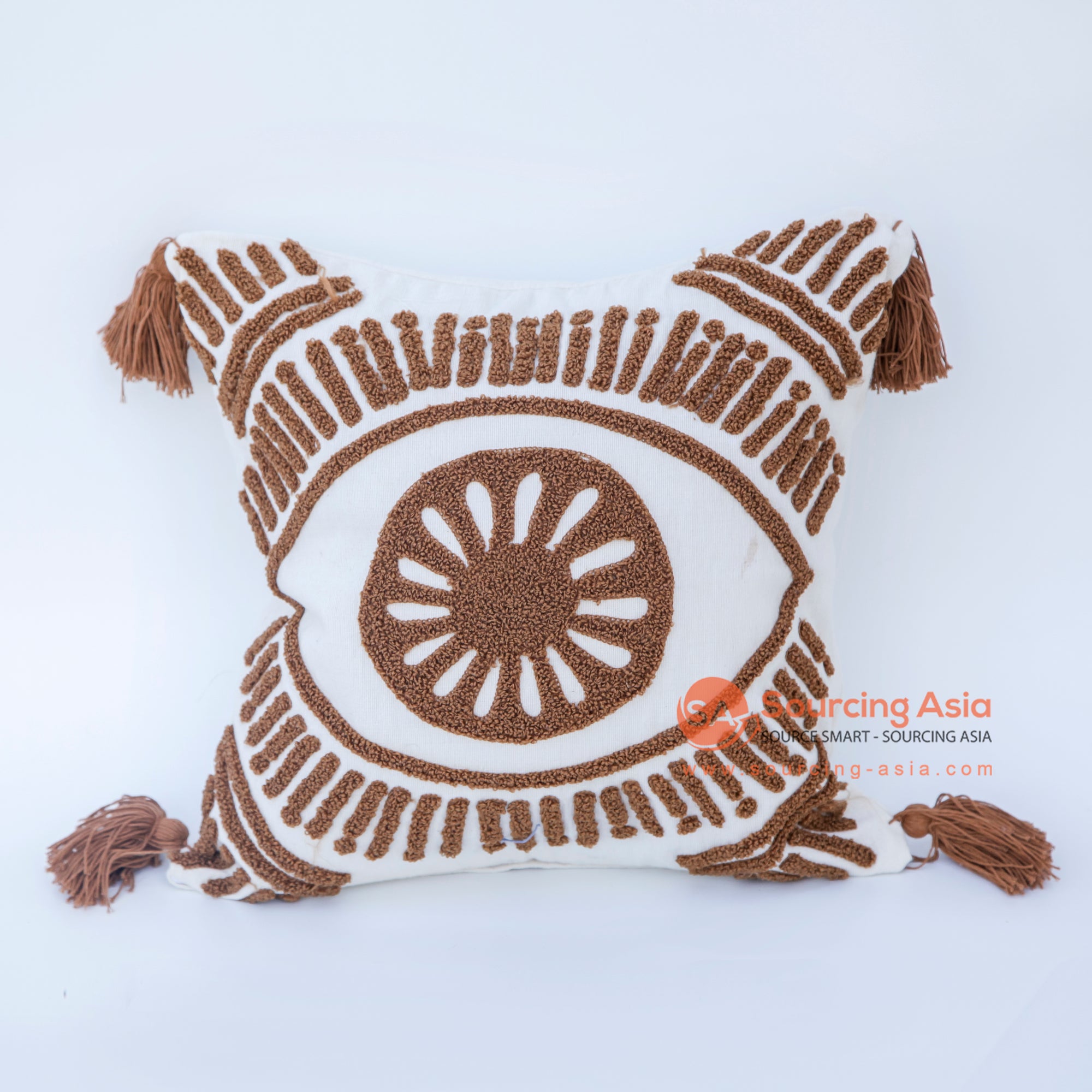 DHL002 BROWN AND WHITE COTTON DECORATIVE EYE SQUARE CUSHION WITH TASSEL (PRICE WITHOUT INNER)
