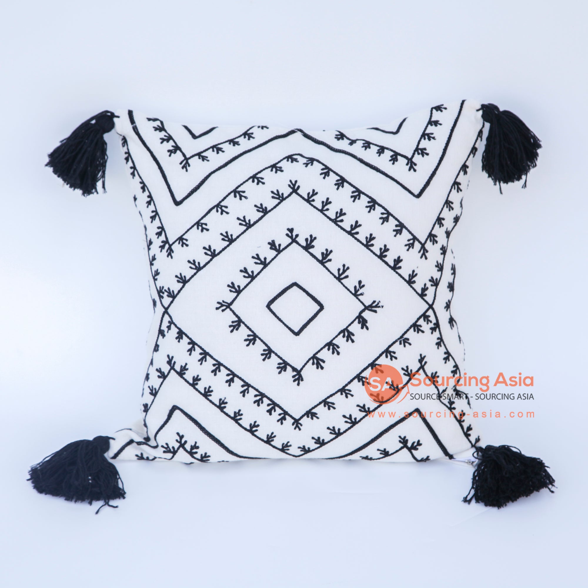 DHL007 BLUE AND WHITE COTTON DIAMOND MOTIVES SQUARE CUSHION WITH TASSEL (PRICE WITHOUT INNER)