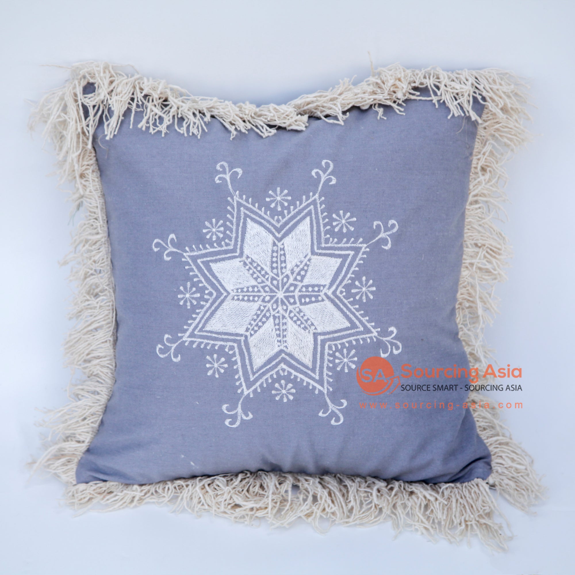 DHL008 BLUE COTTON FLOWER MOTIVES SQUARE CUSHION WITH FRINGE (PRICE WITHOUT INNER)