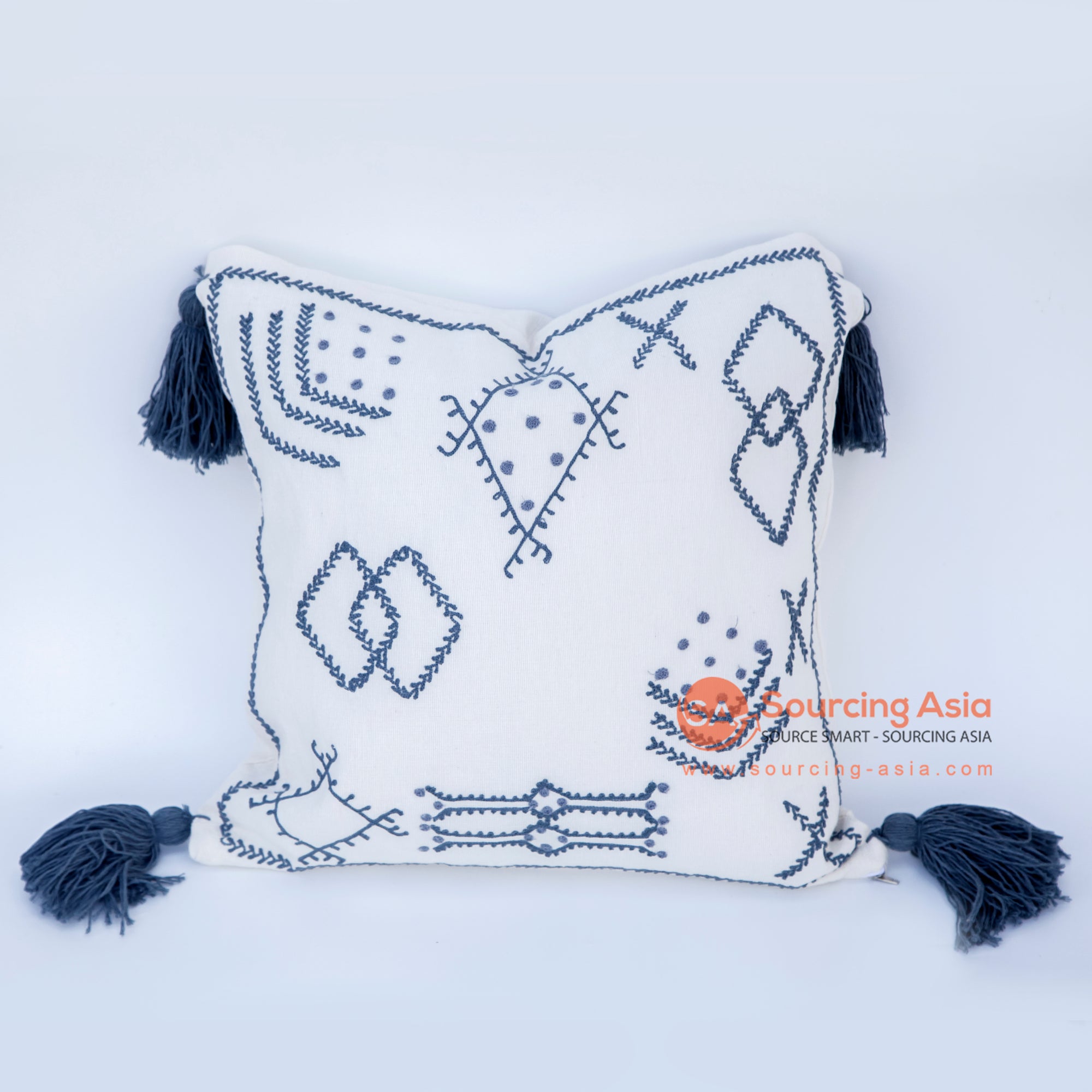 DHL009 BLUE AND WHITE COTTON DECORATIVE SQUARE CUSHION WITH TASSEL (PRICE WITHOUT INNER)
