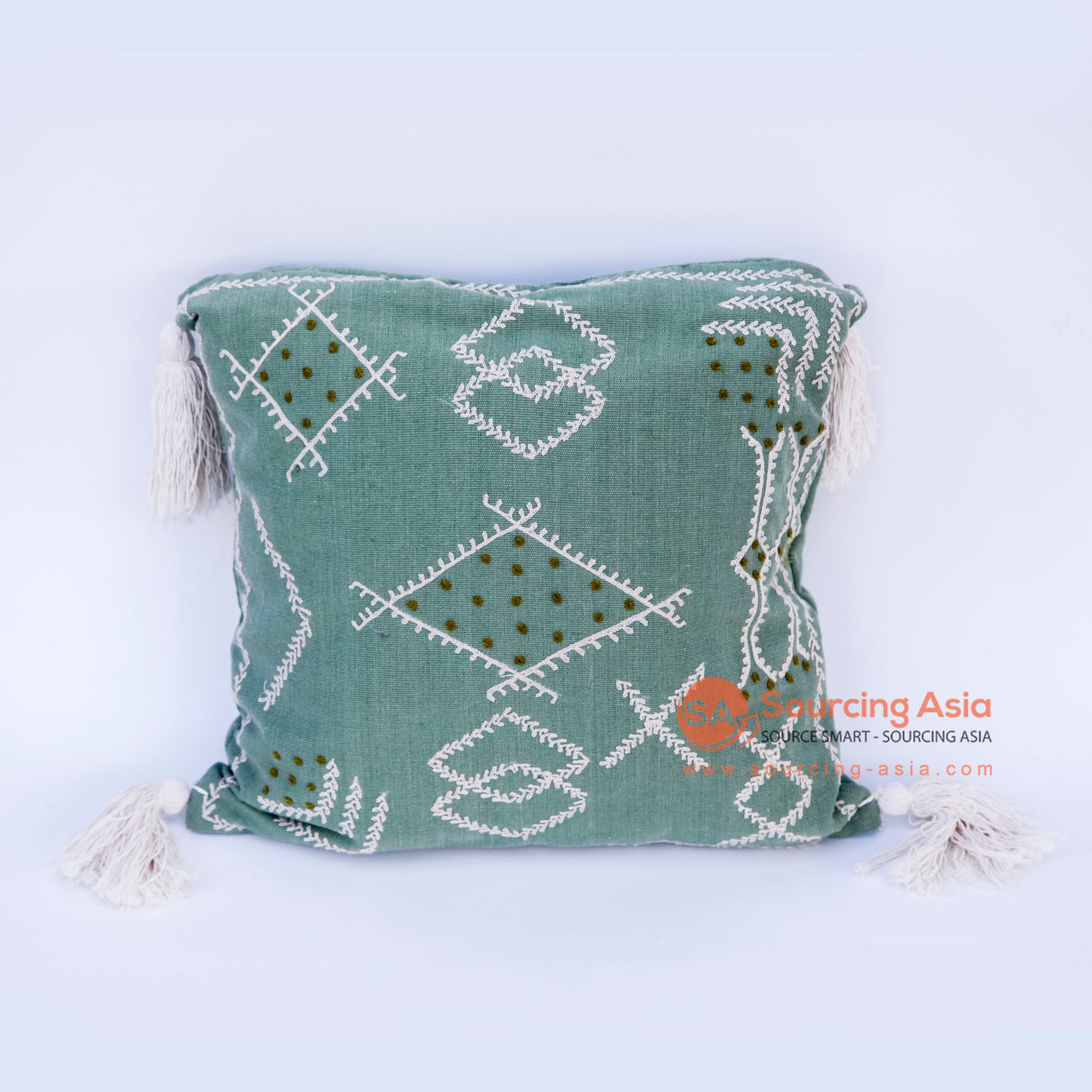 DHL010 GREEN COTTON DECORATIVE SQUARE CUSHION WITH TASSEL (PRICE WITHOUT INNER)