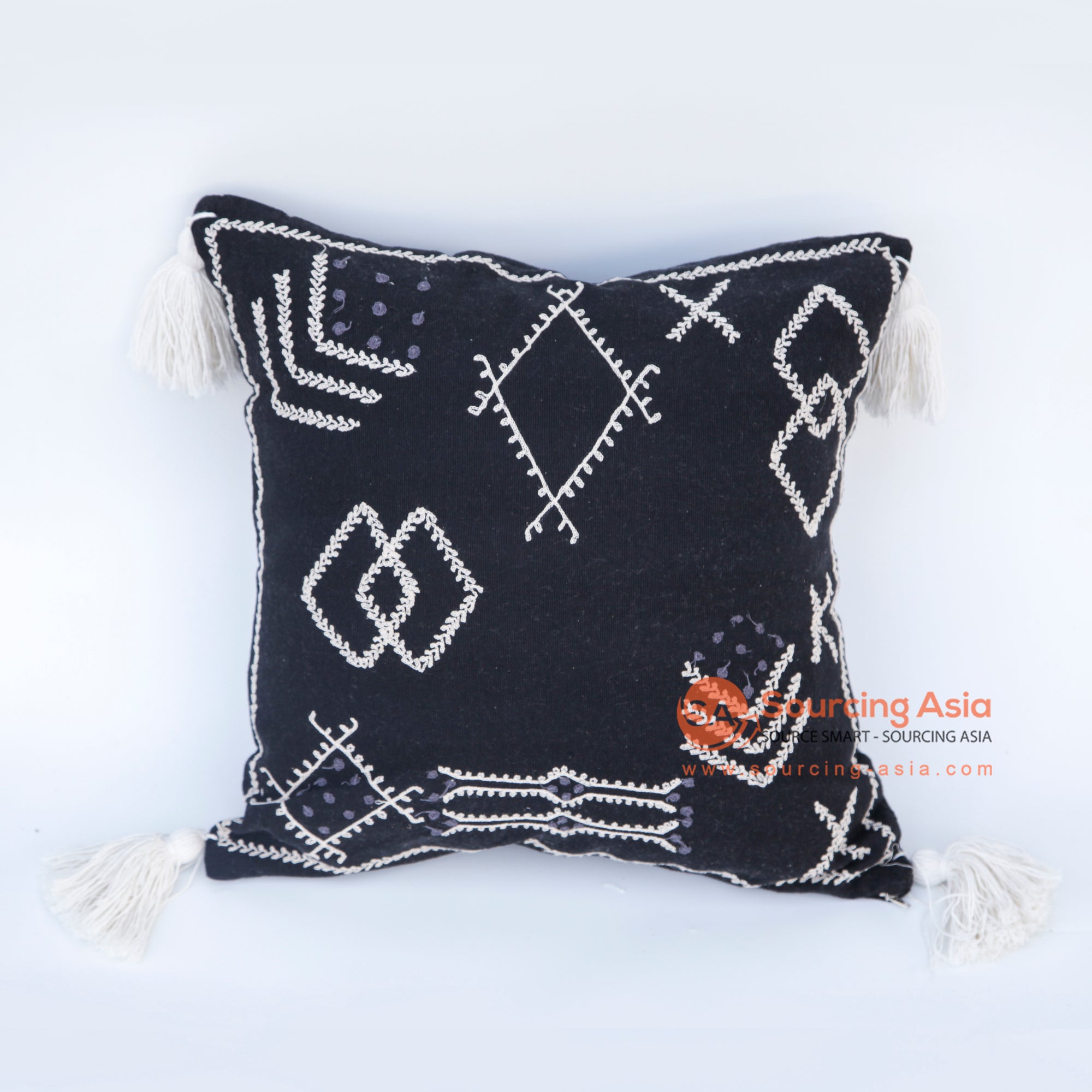 DHL012 BLACK COTTON DECORATIVE SQUARE CUSHION WITH TASSEL (PRICE WITHOUT INNER)