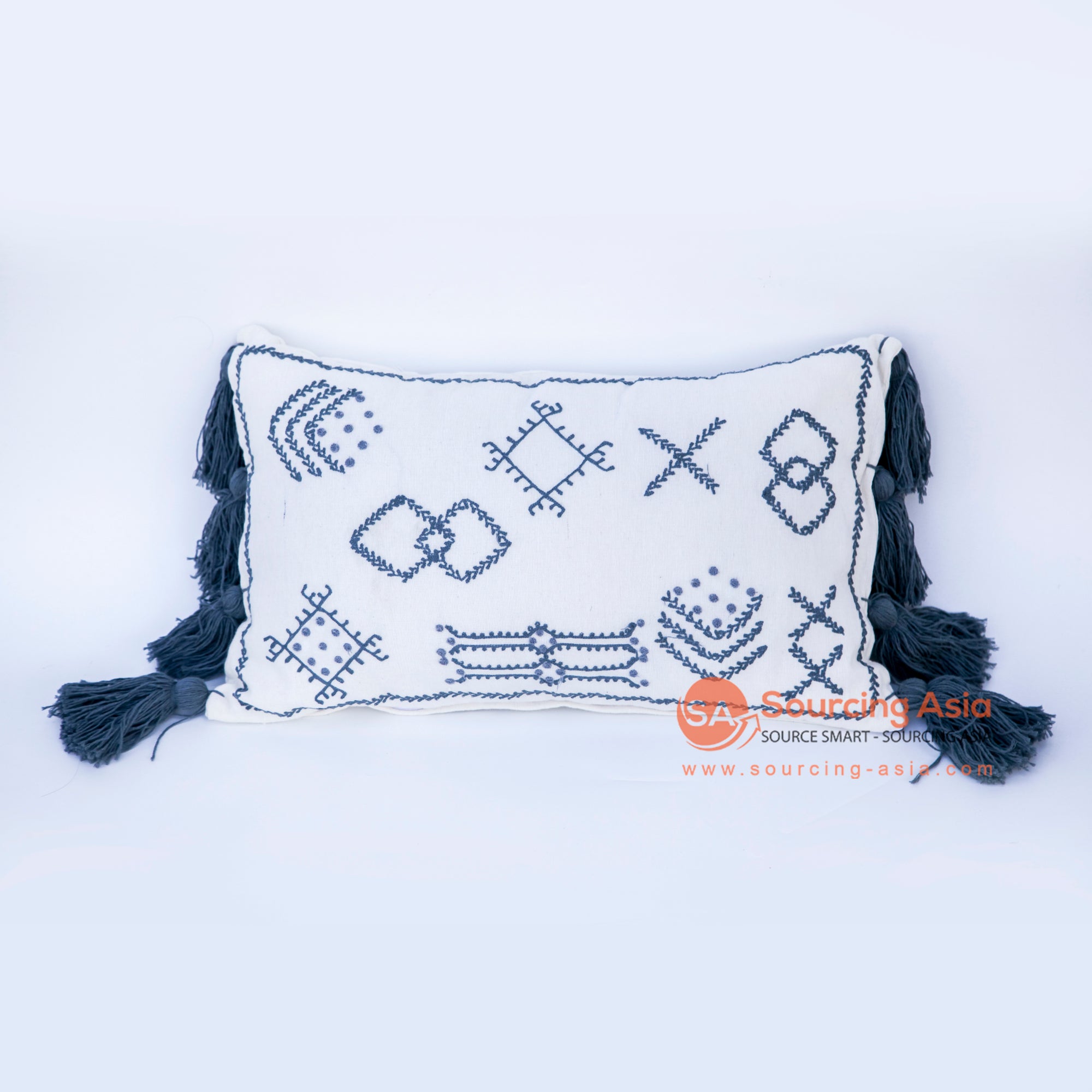 DHL014 BLUE AND WHITE COTTON DECORATIVE RECTANGULAR CUSHION WITH TASSEL (PRICE WITHOUT INNER)