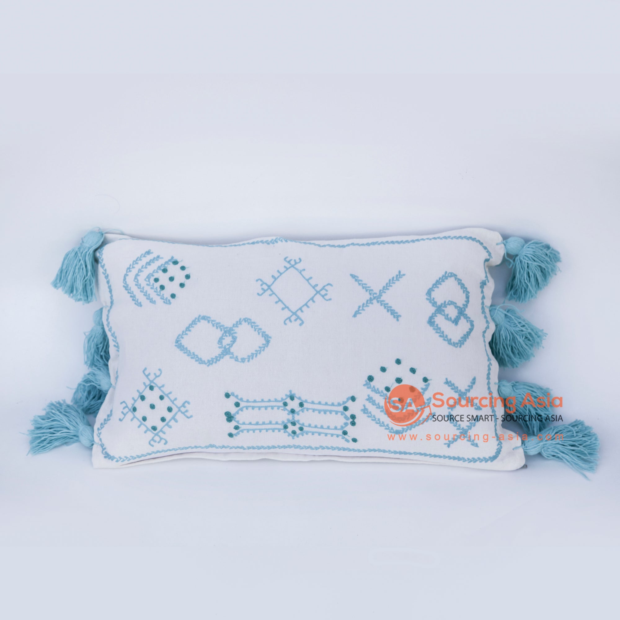 DHL016 BLUE AND WHITE COTTON DECORATIVE RECTANGULAR CUSHION WITH TASSEL (PRICE WITHOUT INNER)