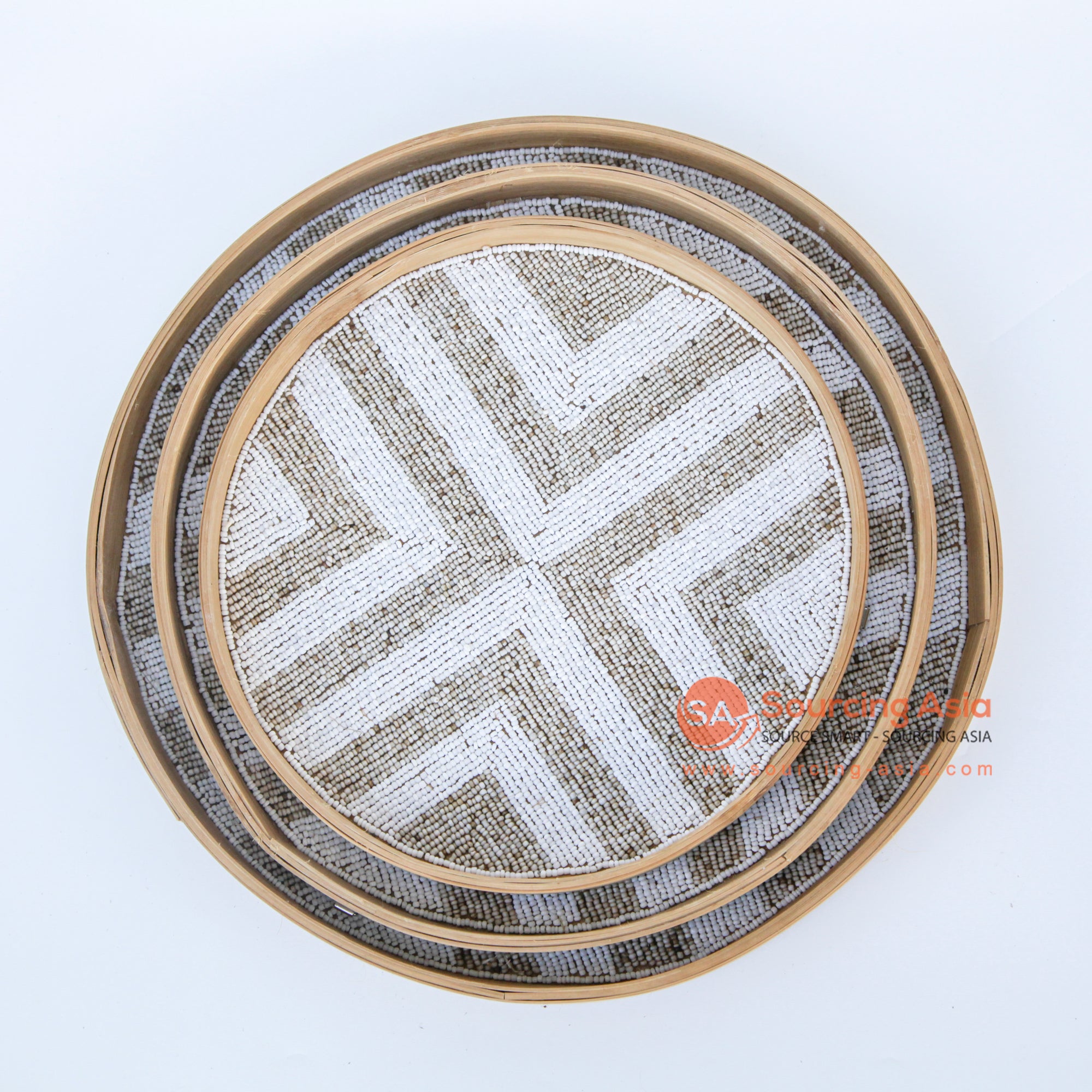 DHL021 WHITE AND NATURAL BEADED DECORATIVE ROUND TRAY