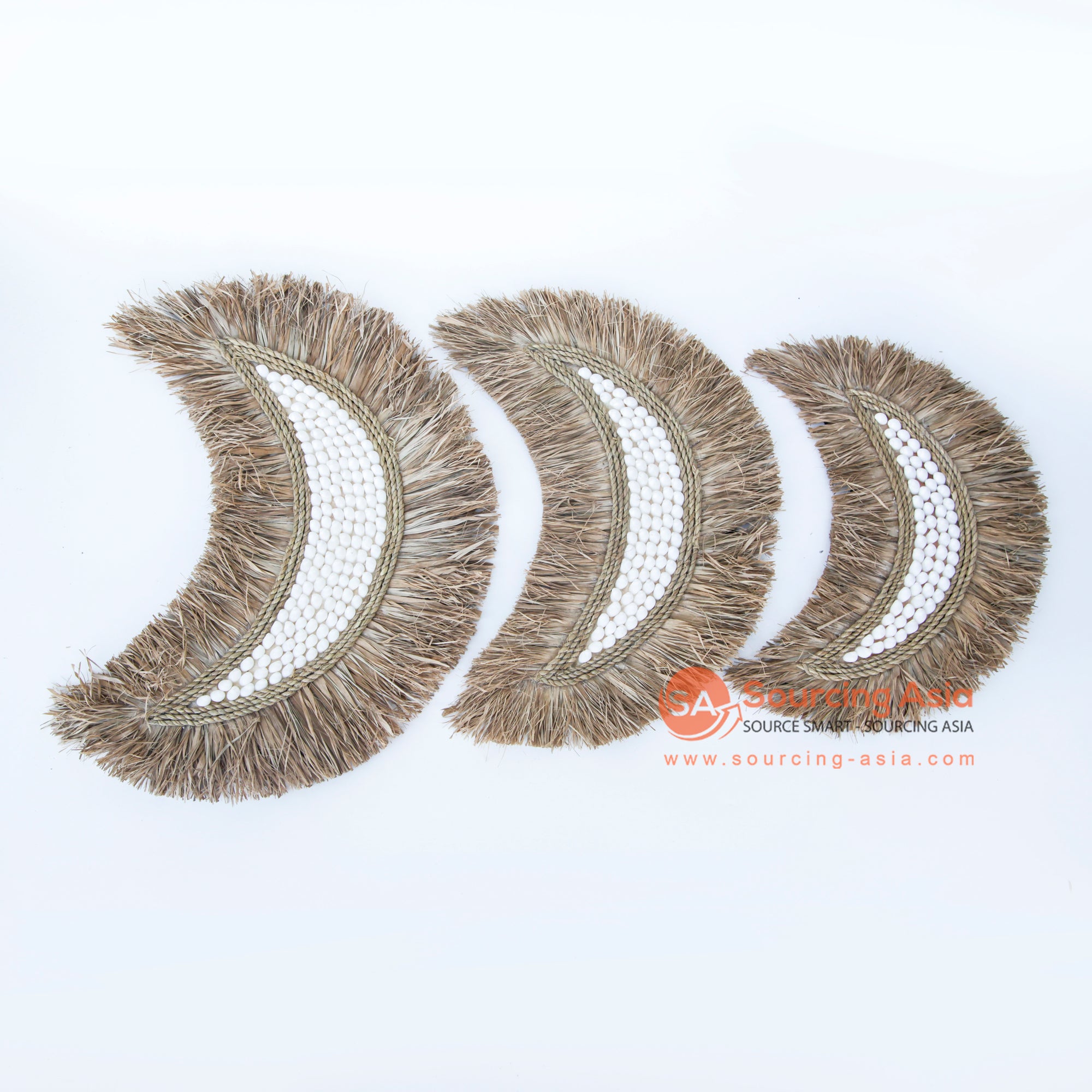 DHL034 SET OF THREE NATURAL DRIED RAFFIA AND WHITE SHELL CRESCENT MOON WALL DECORATIONS