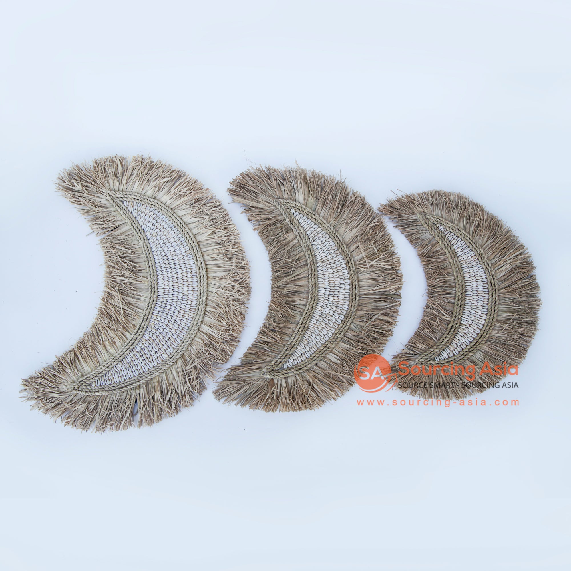 DHL035 SET OF THREE NATURAL DRIED RAFFIA AND SHELL CRESCENT MOON WALL DECORATIONS