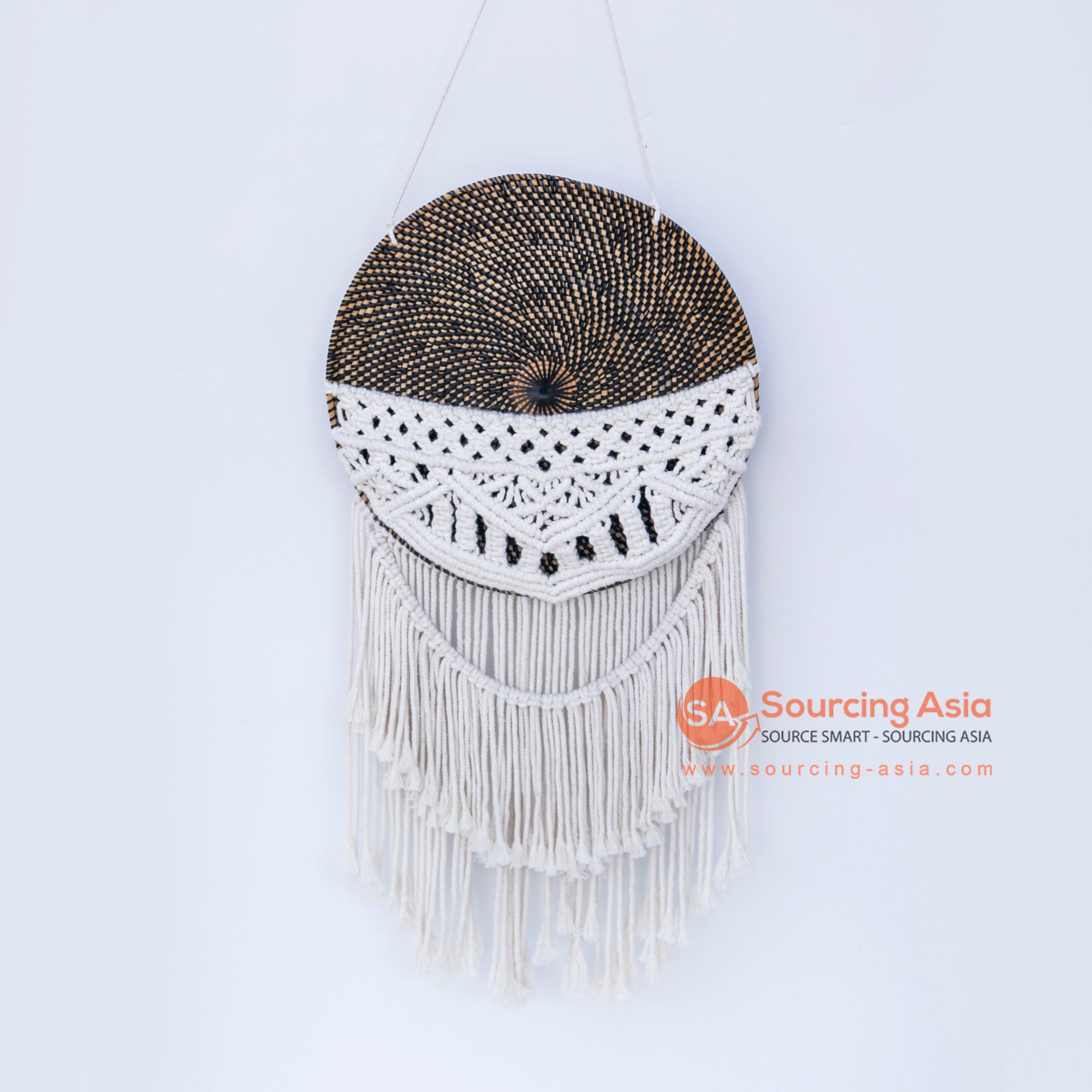 DHL037 NATURAL RATTAN AND WHITE MACRAME FRINGE WALL DECORATION
