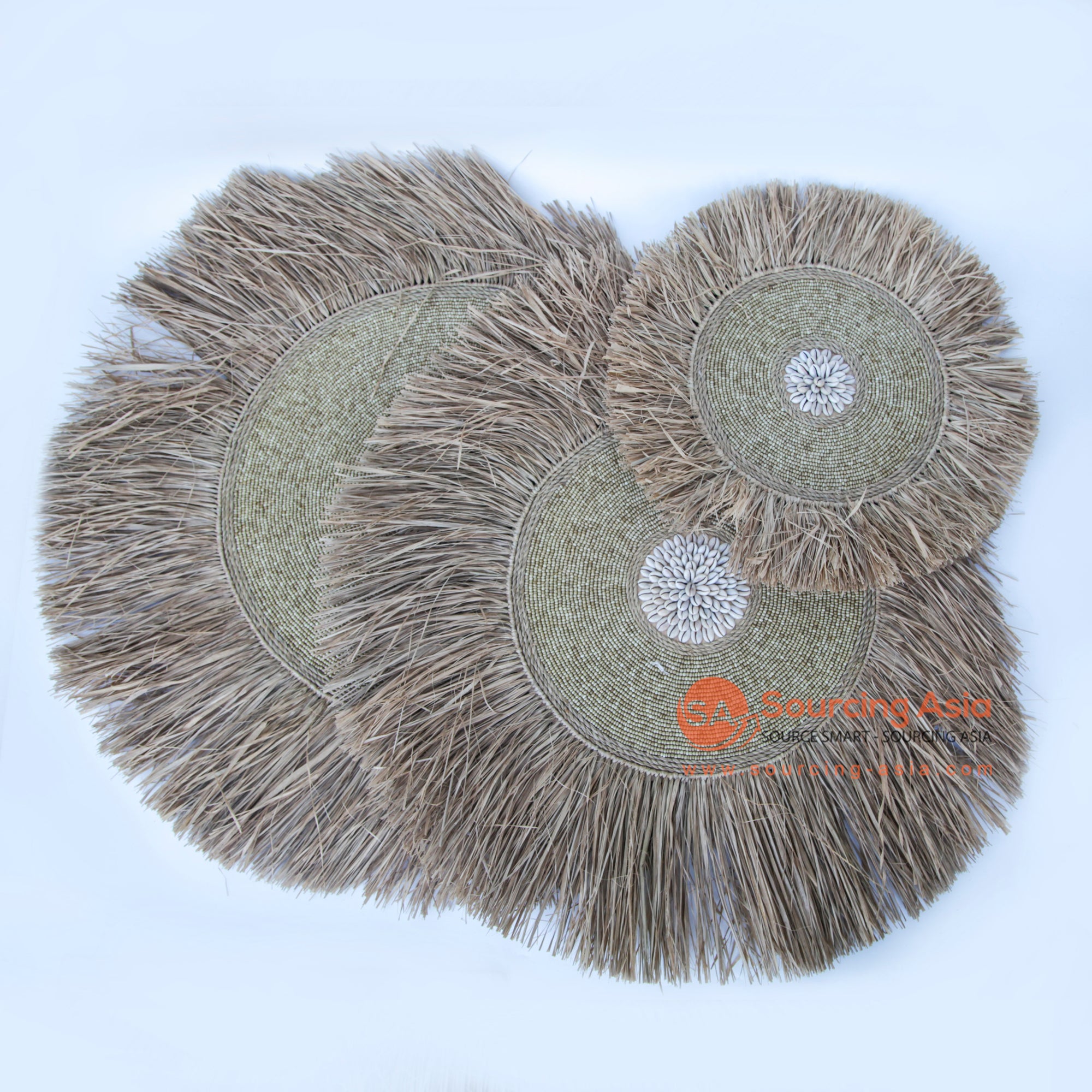 DHL052 SET OF THREE NATURAL RAFFIA, BEADS, AND WHITE SHELL ROUND WALL DECORATIONS