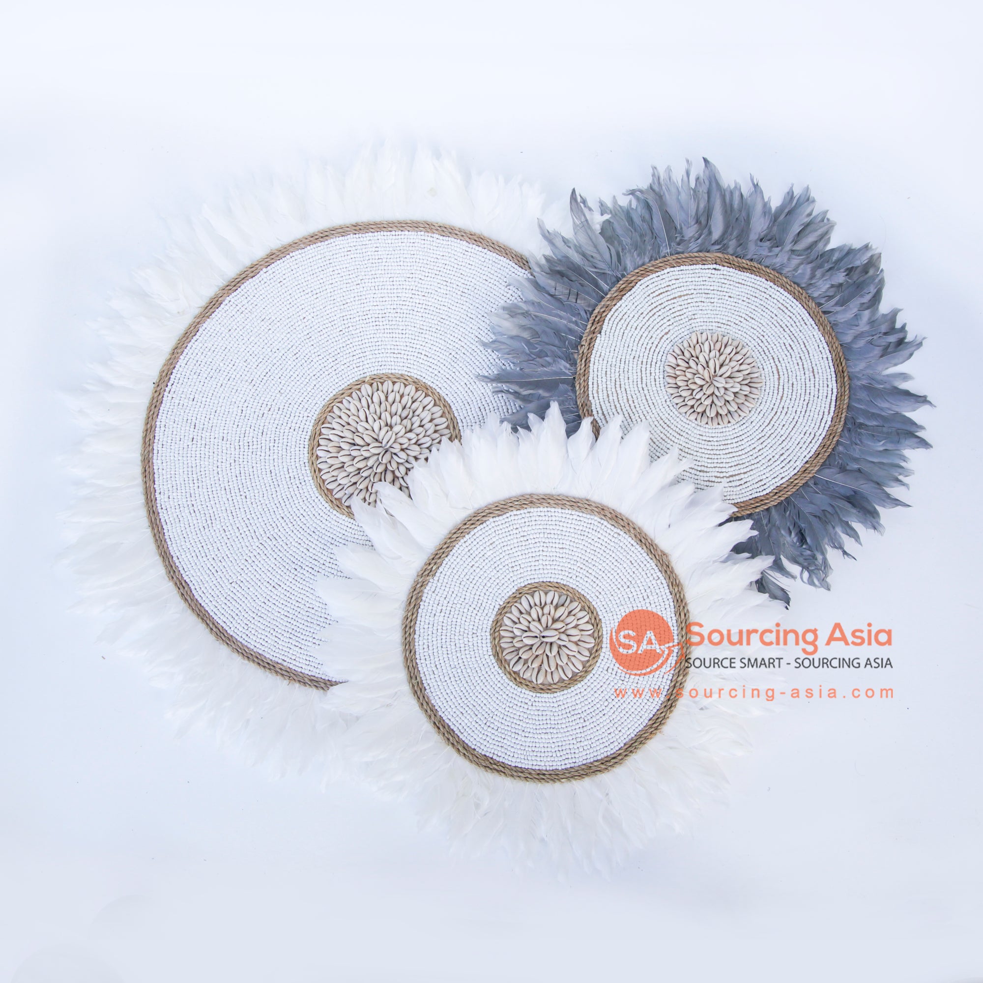DHL060 SET OF THREE WHITE AND GREY FEATHERS WITH NATURAL BEADS AND SHELL ROUND JUJU WALL DECORATIONS