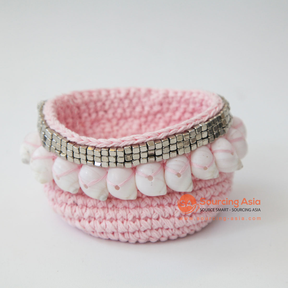 DHL115 PINK MACRAME AND SHELL SMALL BASKET