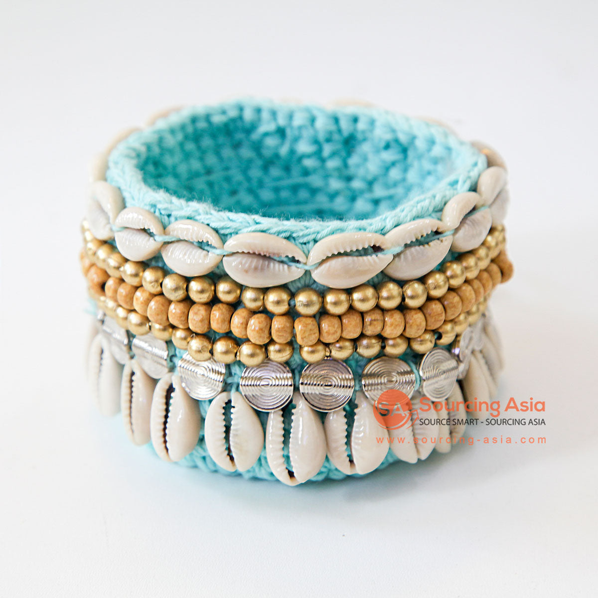 DHL117 BLUE MACRAME AND SHELL SMALL BASKET