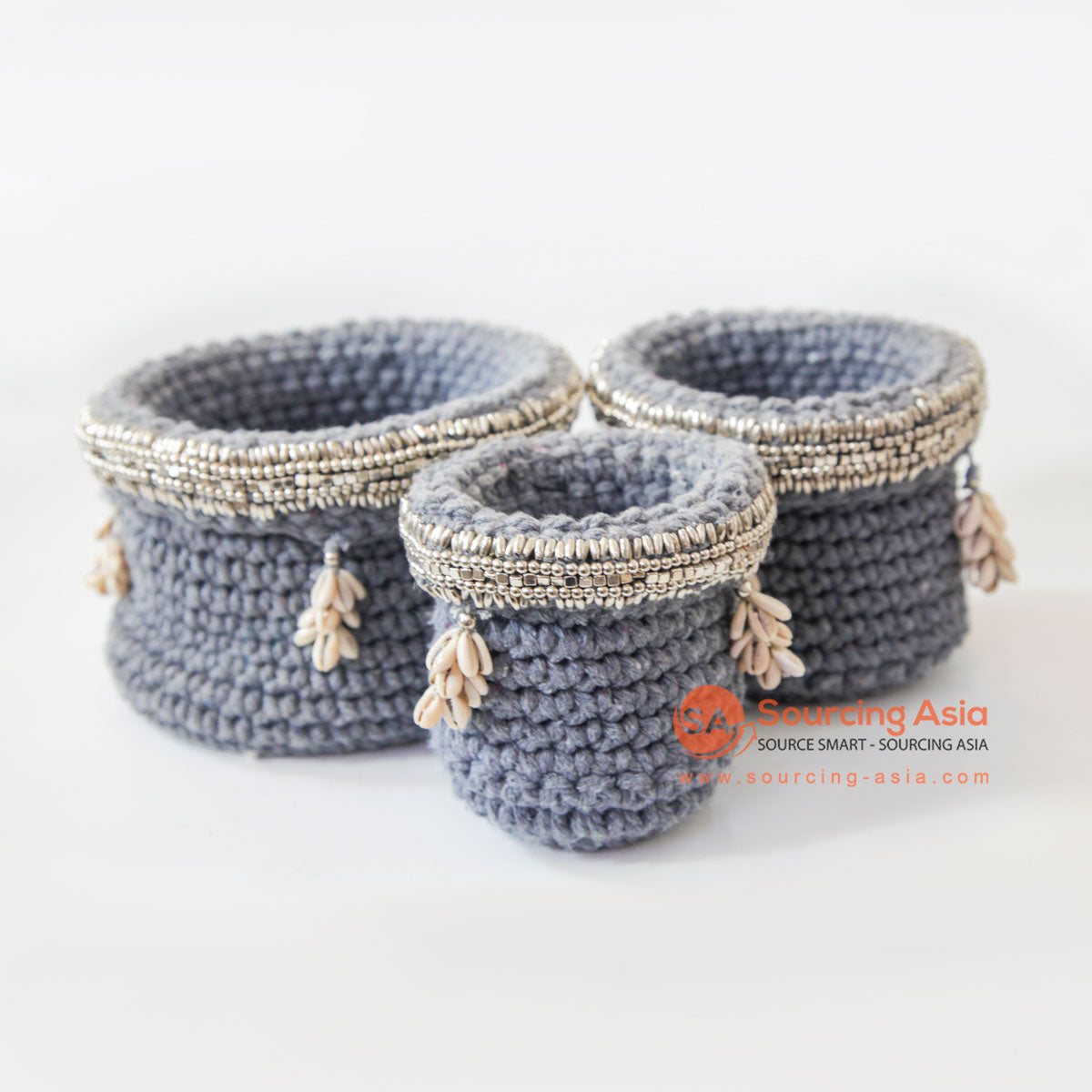 DHL123 SET OF THREE GREY MACRAME AND WHITE SHELL SMALL BASKETS