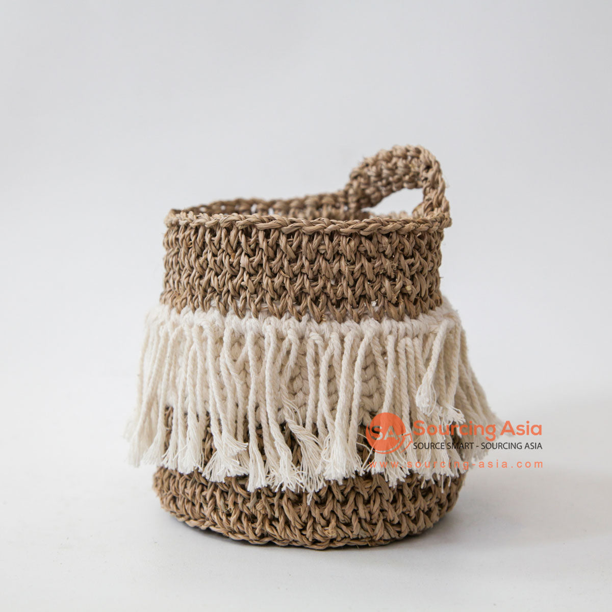 DHL133 NATURAL MACRAME SMALL BASKET WITH HANDLE AND FRINGE