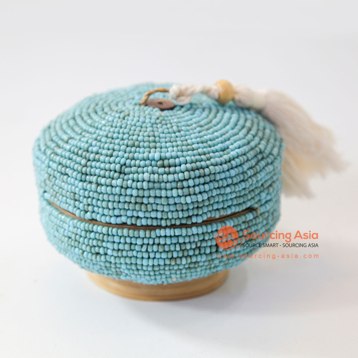 DHL139 TURQUOISE BAMBOO ROUND BEADED BOX WITH TASSEL