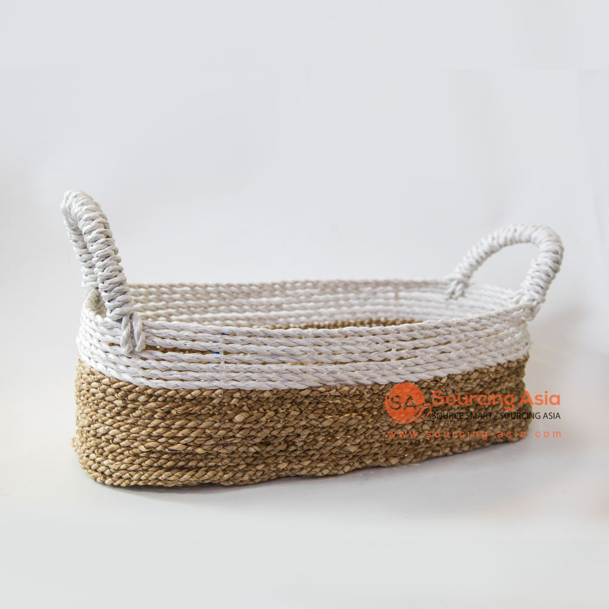 DHL144 NATURAL AND WHITE SEAGRASS LONG BASKET WITH HANDLE