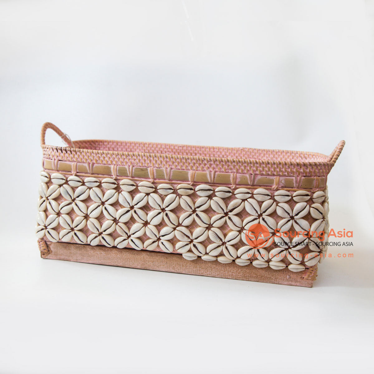 DHL146 PINK BAMBOO AND WHITE SHELL LONG BASKET WITH HANDLE
