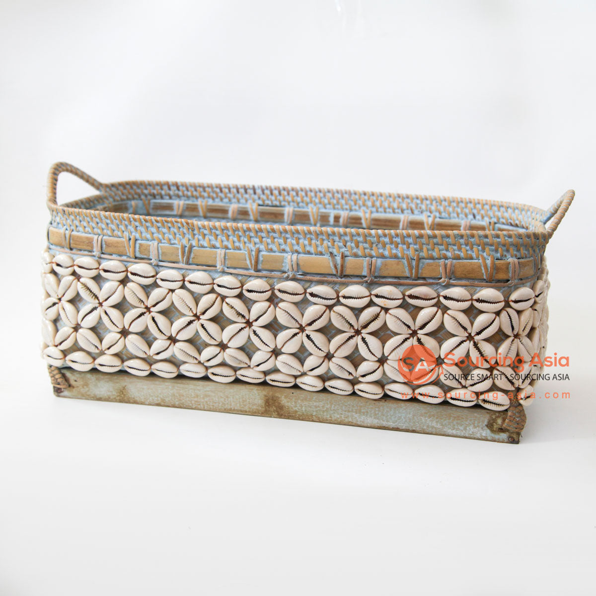 DHL147 NATURAL BAMBOO AND WHITE SHELL LONG BASKET WITH HANDLE