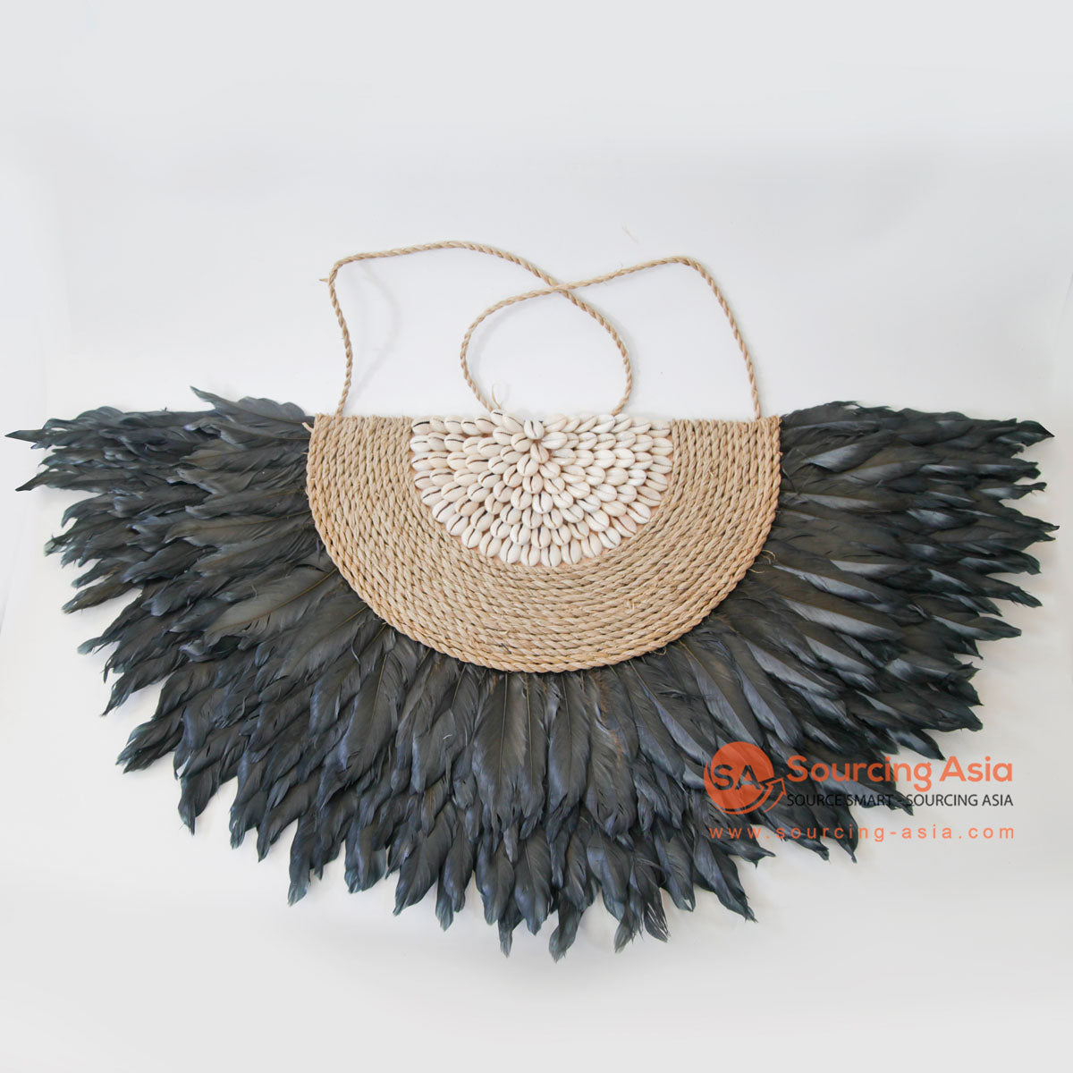 DHL150 BLACK FEATHERS AND SHELL JUJU WALL DECORATION