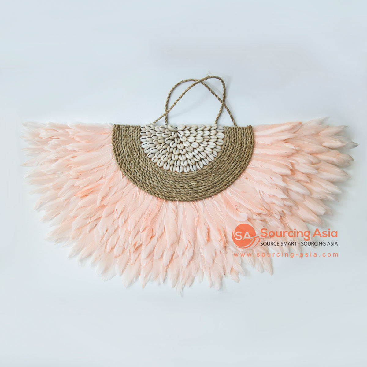 DHL151 PINK FEATHERS AND SHELL JUJU WALL DECORATION