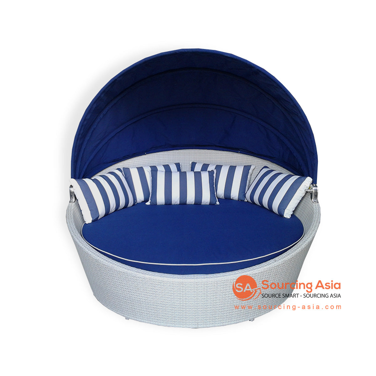 DJO005 WHITE AND BLUE SYNTHETIC RATTAN HAMPTON'S ROUND OUTDOOR SUNLOUNGER (PRICE WITHOUT CUSHION)