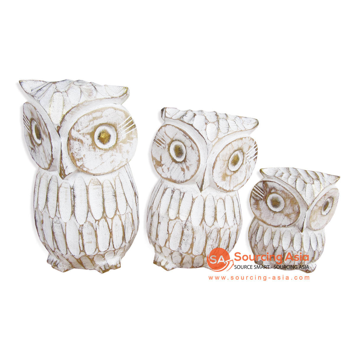 DPA002WW SET OF THREE WHITE WASH WOODEN OWL DECORATIONS