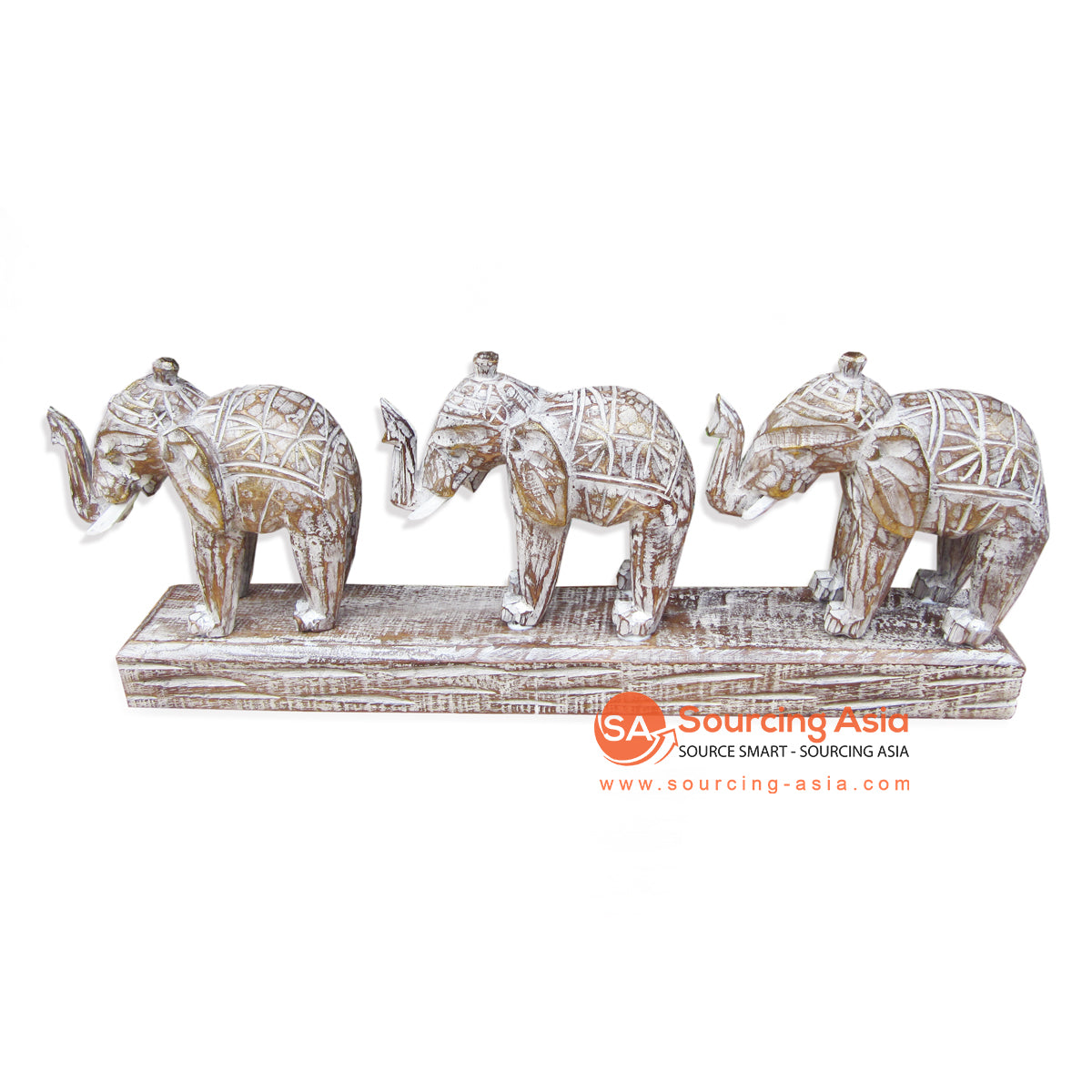 DPA003WW ﻿THREE WHITE WASH WOODEN ELEPHANTS ON STAND DECORATION