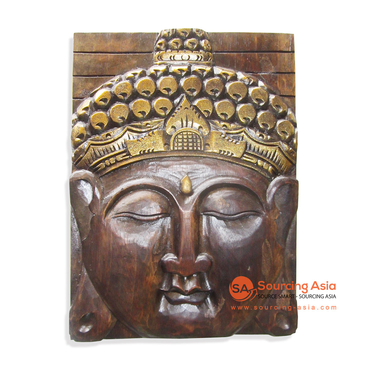 DUG115BR BROWN WOODEN BUDDHA WALL PANEL WITH GOLD TOP