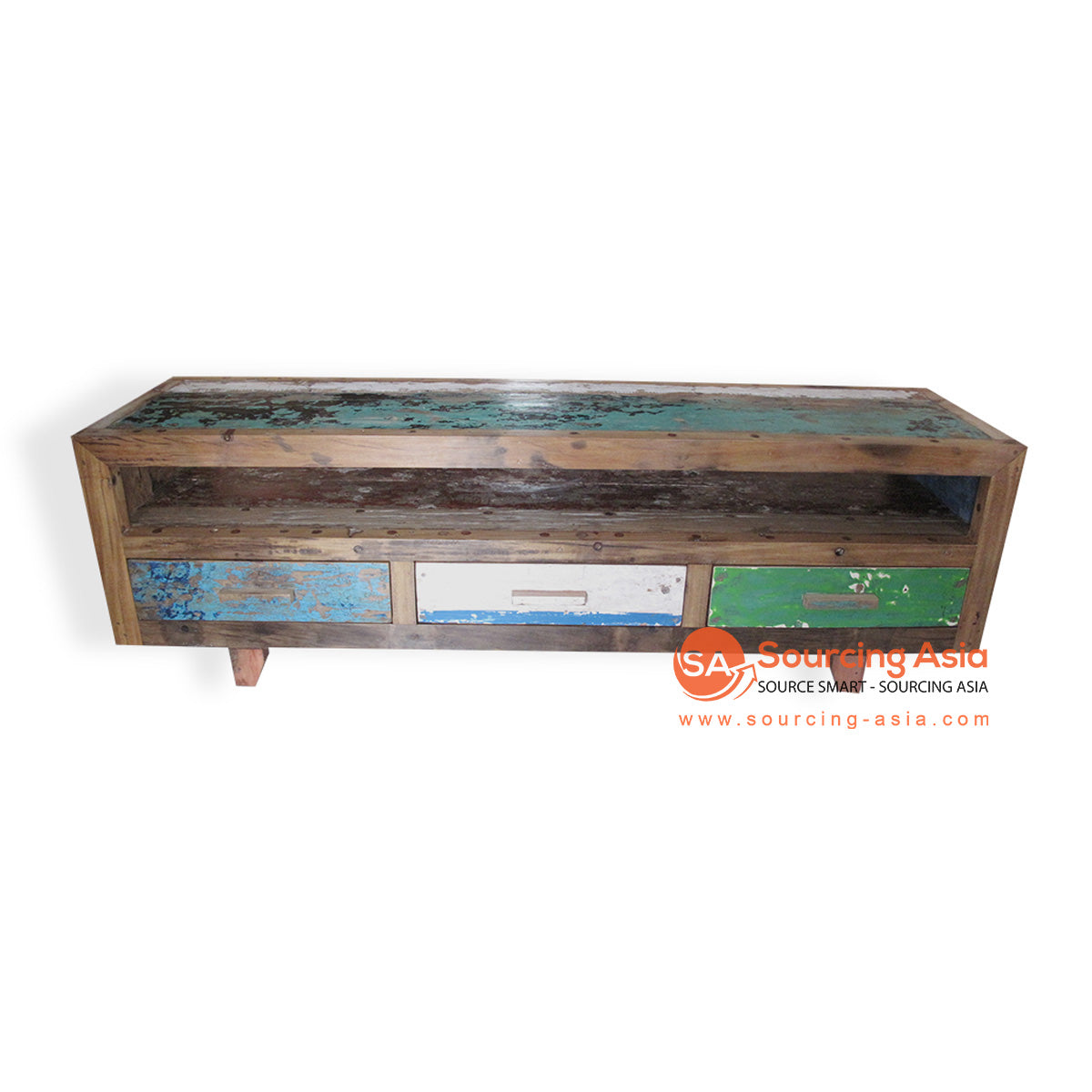 DVD001-SP NATURAL RECYCLED BOAT WOOD ONE OPEN SHELF AND THREE DRAWERS ENTERTAINMENT UNIT