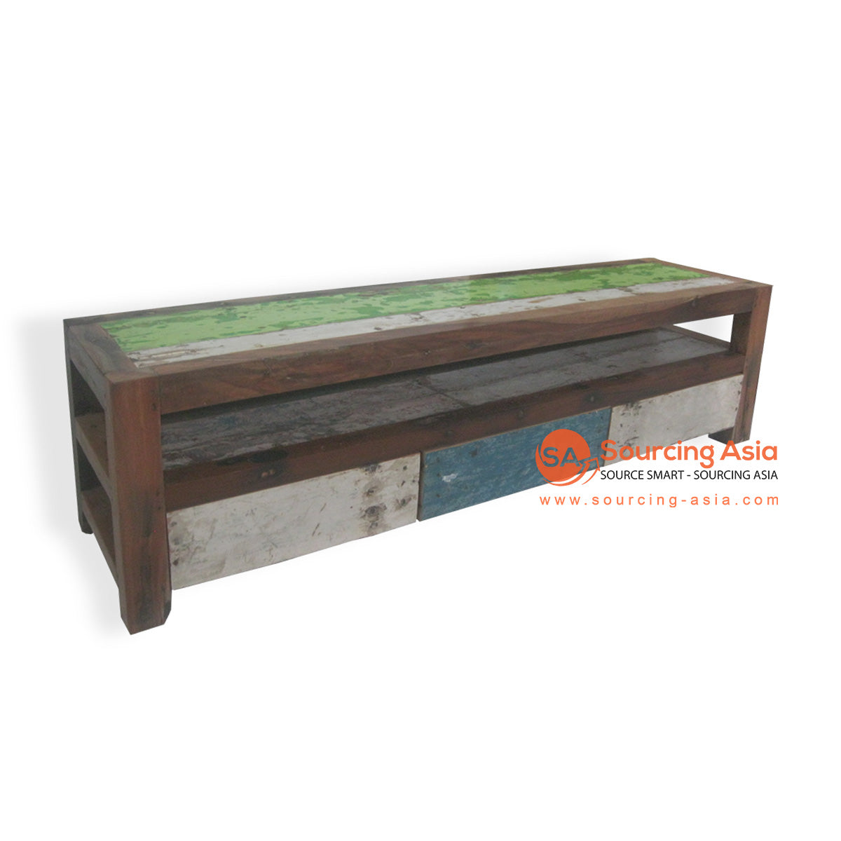 DVD075-180 NATURAL RECYCLED BOAT WOOD ONE OPEN SHELF AND THREE DRAWERS ENTERTAINMENT UNIT