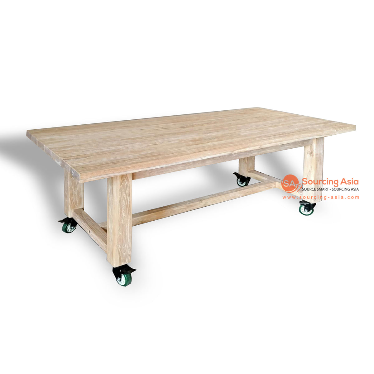 ECL260 WHITE WASH SOLID RECYCLED TEAK WOOD DINING TABLE WITH ADDED WHEELS